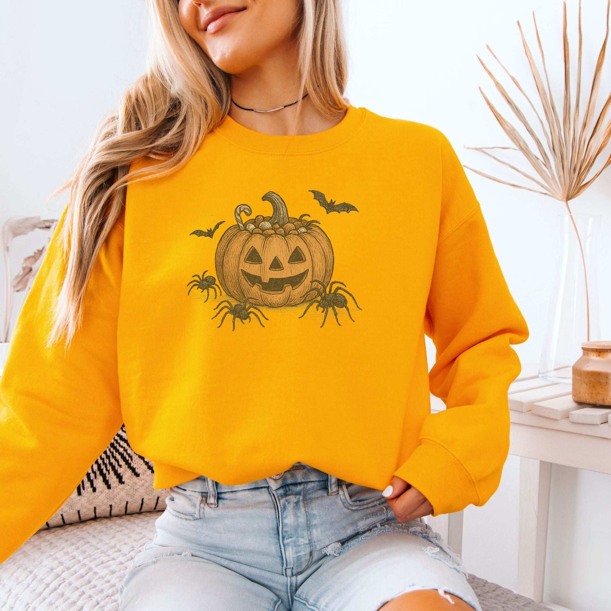 Candy Pumpkin Halloween Sweatshirt – Vintage Spiders & Bats Graphic