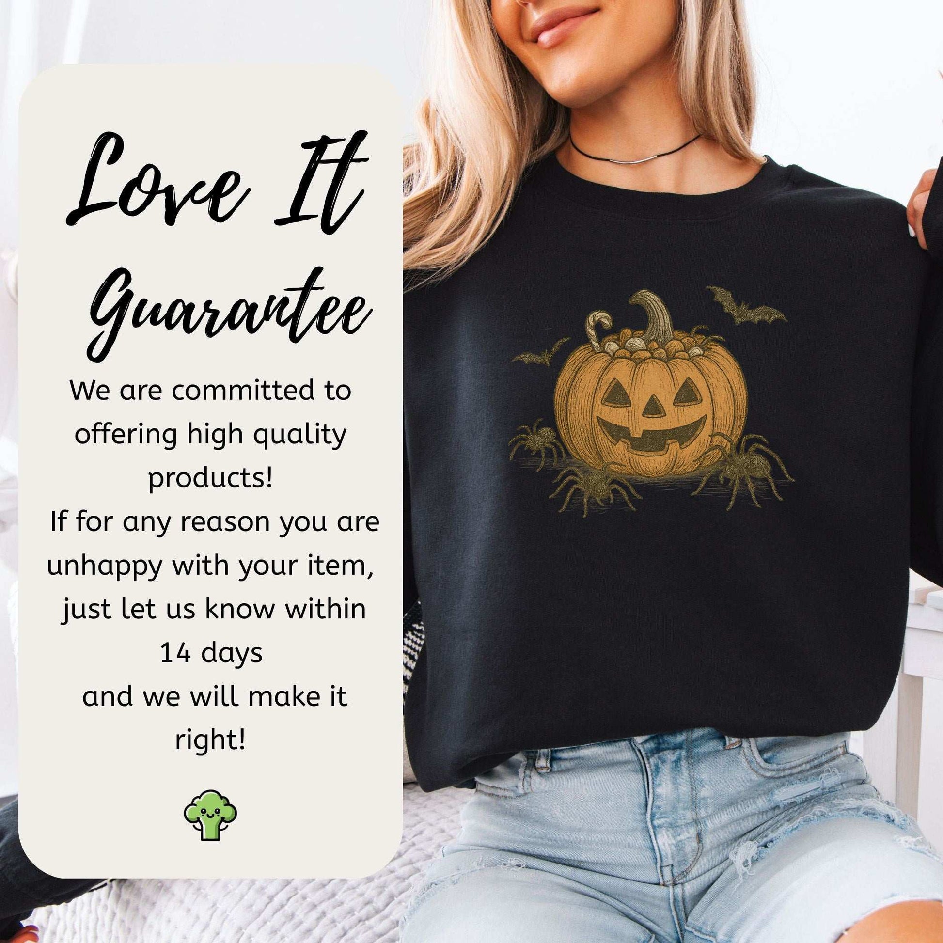 Candy Pumpkin Halloween Sweatshirt – Vintage Spiders & Bats Graphic