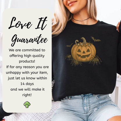 Candy Pumpkin Halloween Sweatshirt – Vintage Spiders & Bats Graphic