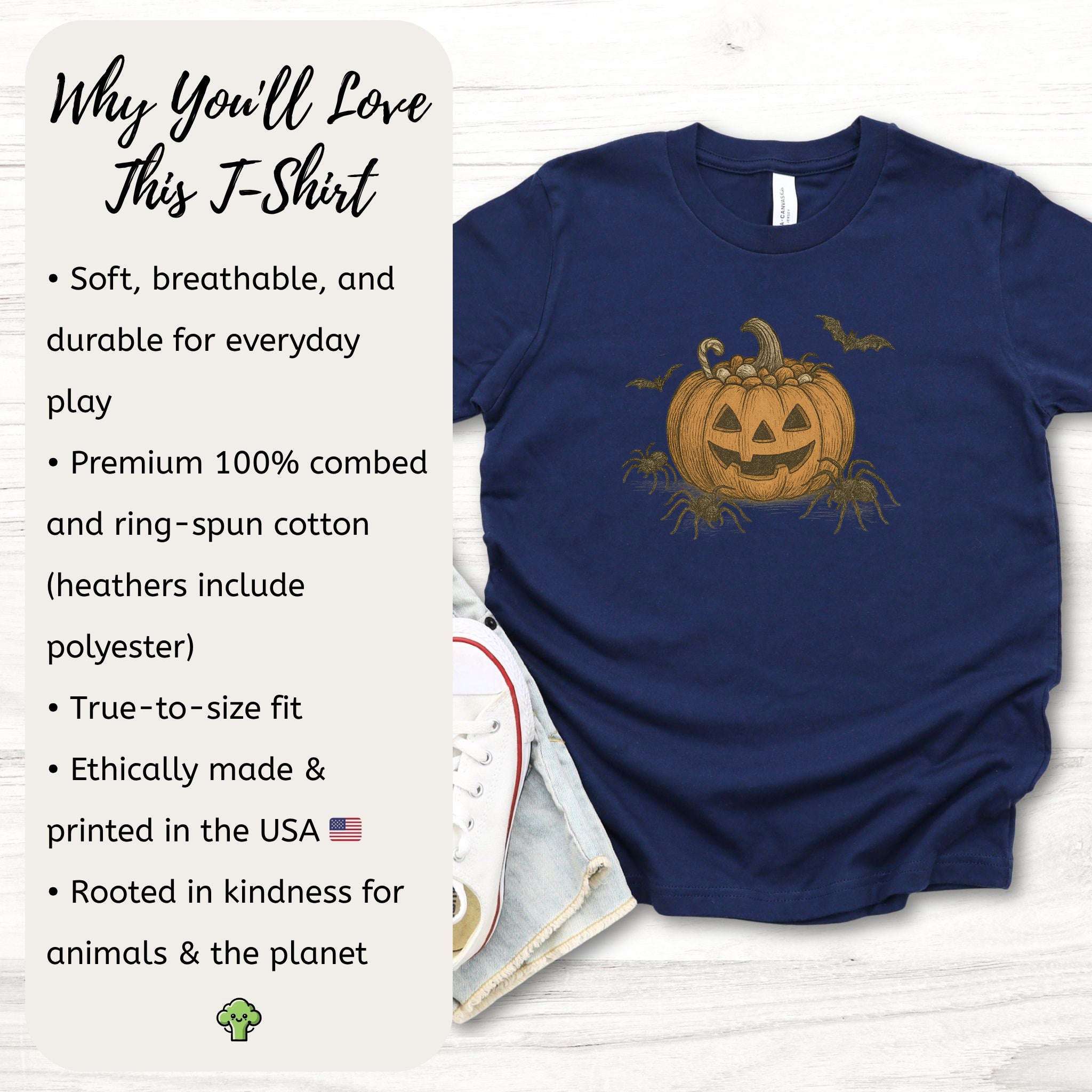 Candy Pumpkin Halloween Youth Tee – Vintage Spiders & Bats Graphic