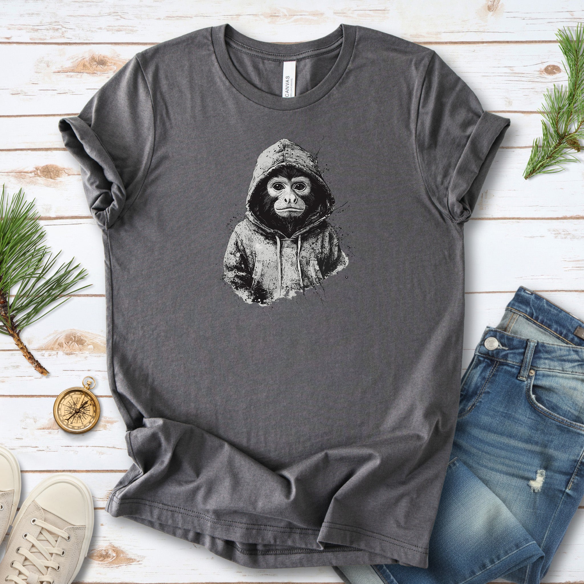 Monkey in a Hoodie T-Shirt – Realistic and Playful Design