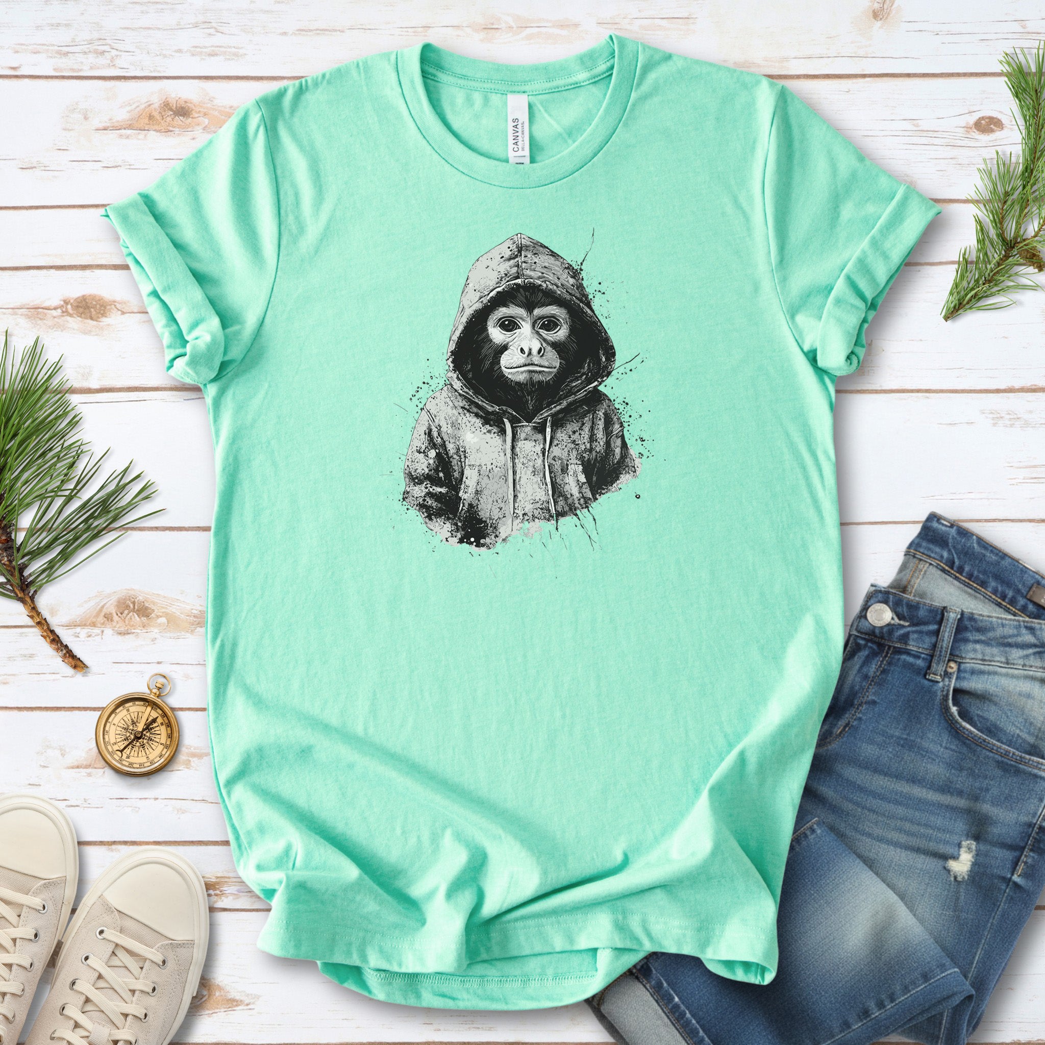 Monkey in a Hoodie T-Shirt – Realistic and Playful Design