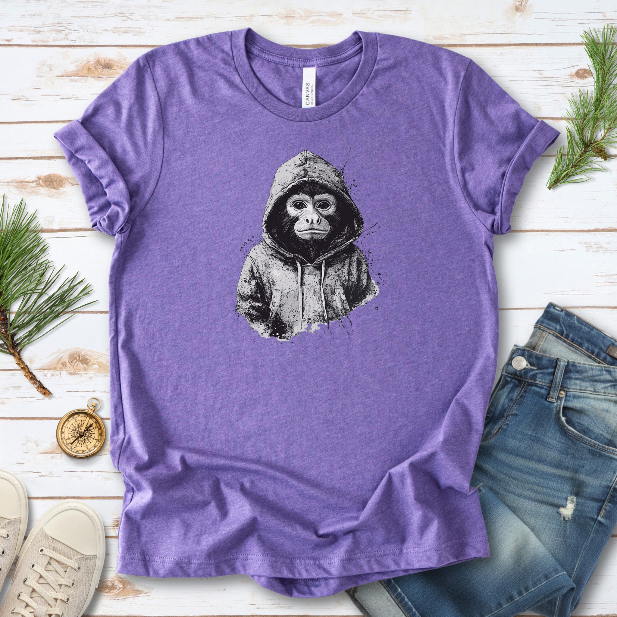 Monkey in a Hoodie T-Shirt – Realistic and Playful Design