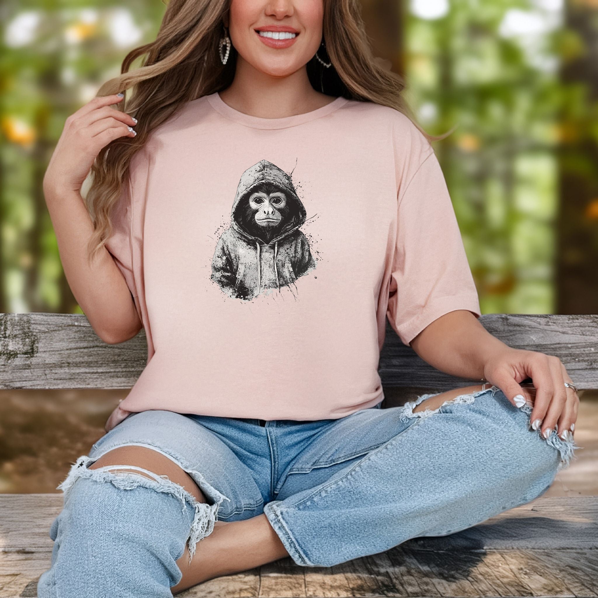 Monkey in a Hoodie T-Shirt – Realistic and Playful Design