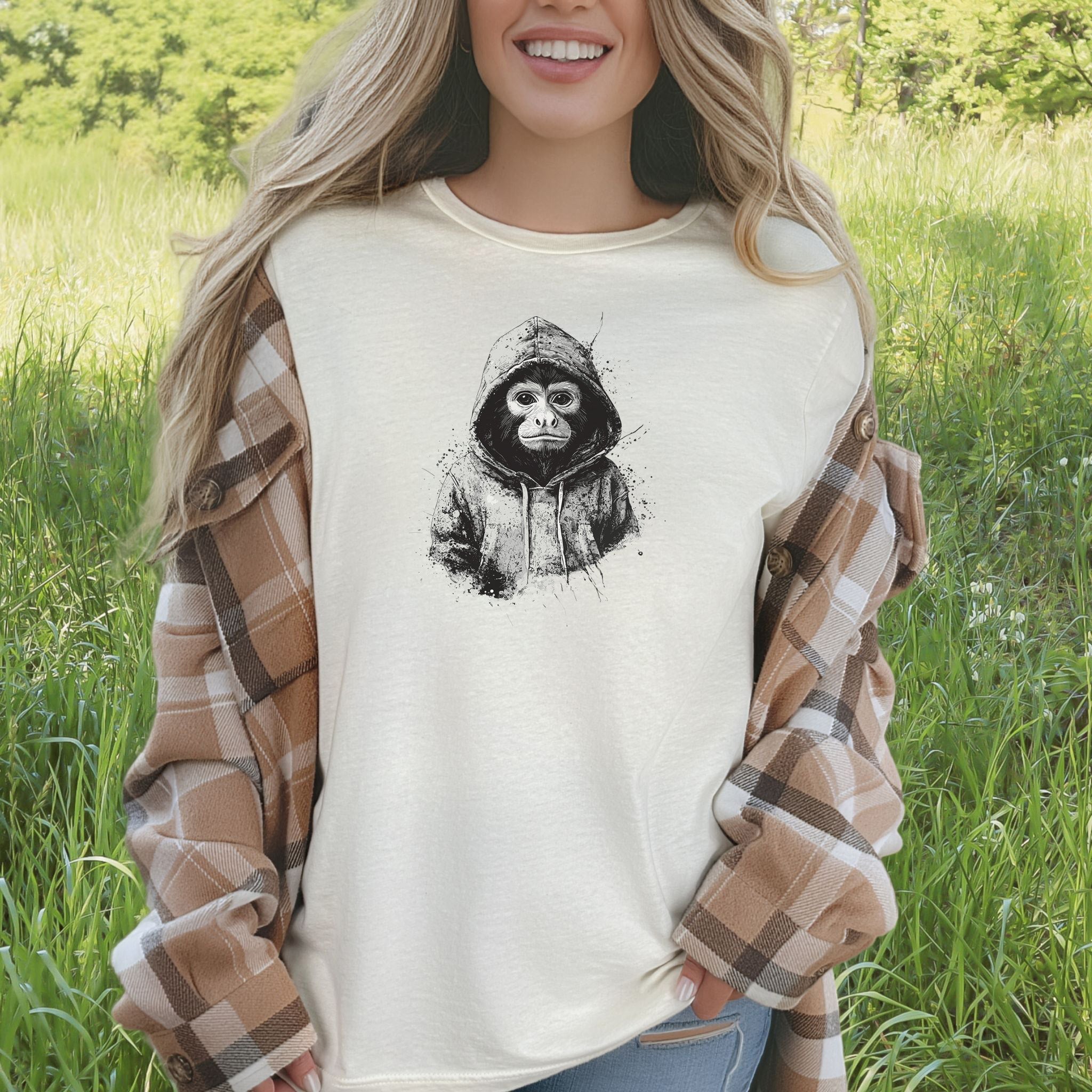 Monkey in a Hoodie T-Shirt – Realistic and Playful Design