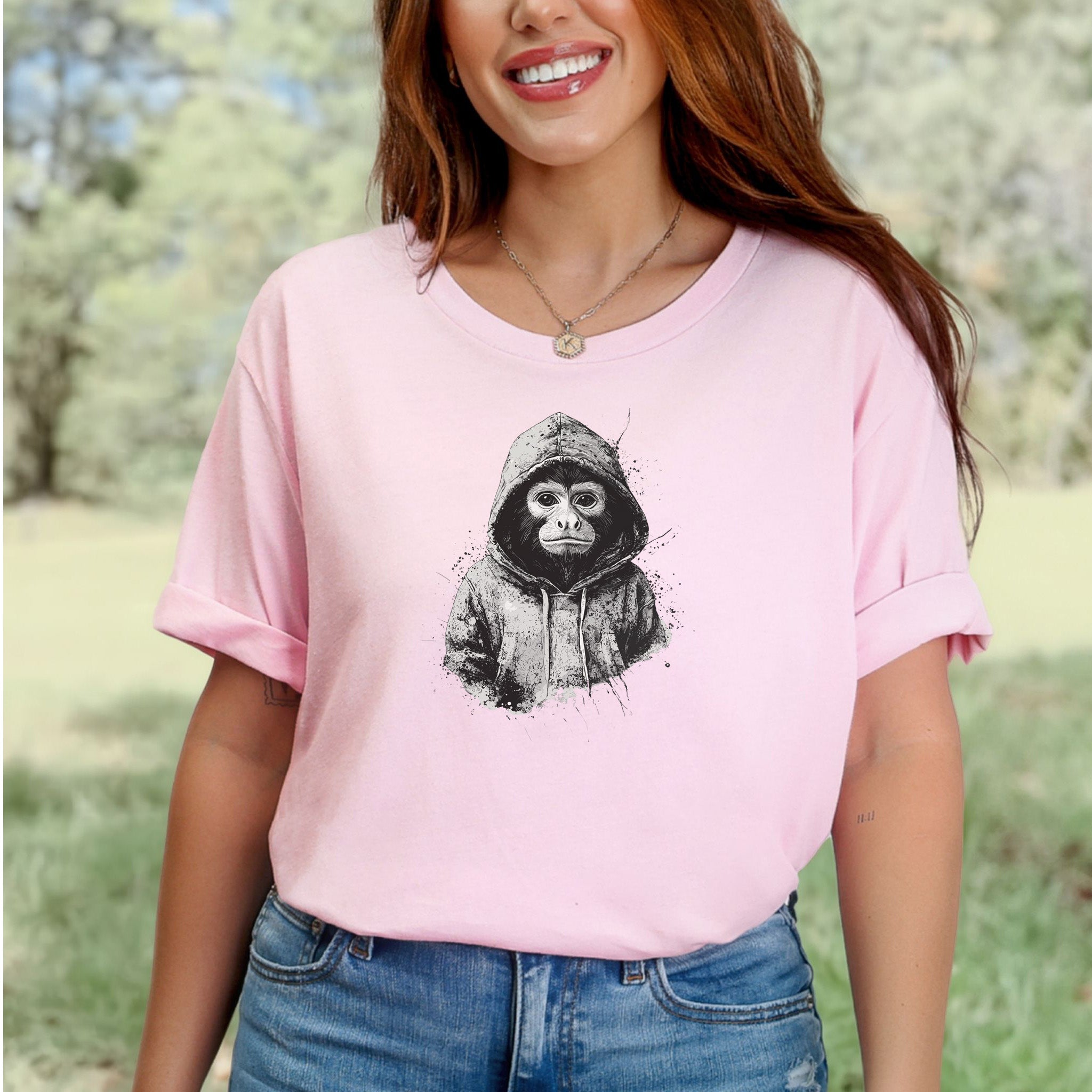 Monkey in a Hoodie T-Shirt – Realistic and Playful Design