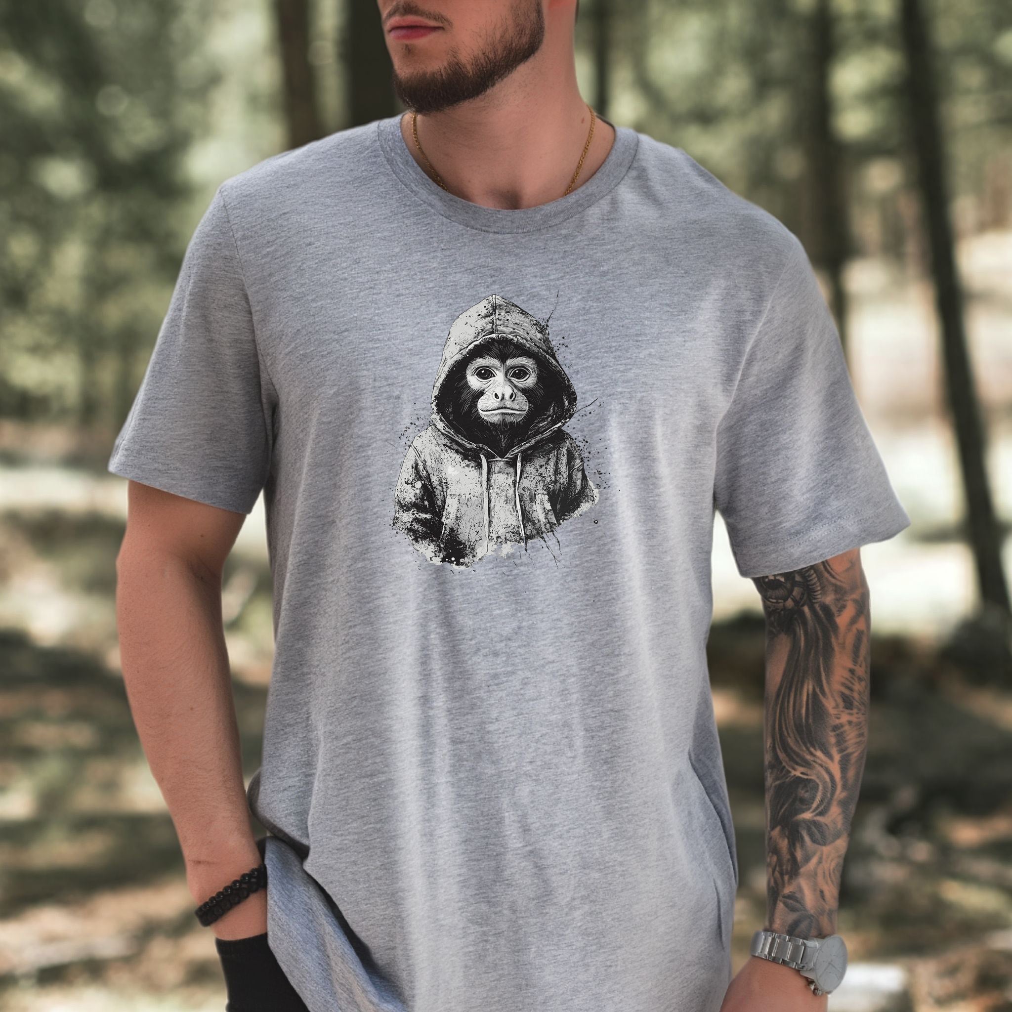 Monkey in a Hoodie T-Shirt – Realistic and Playful Design
