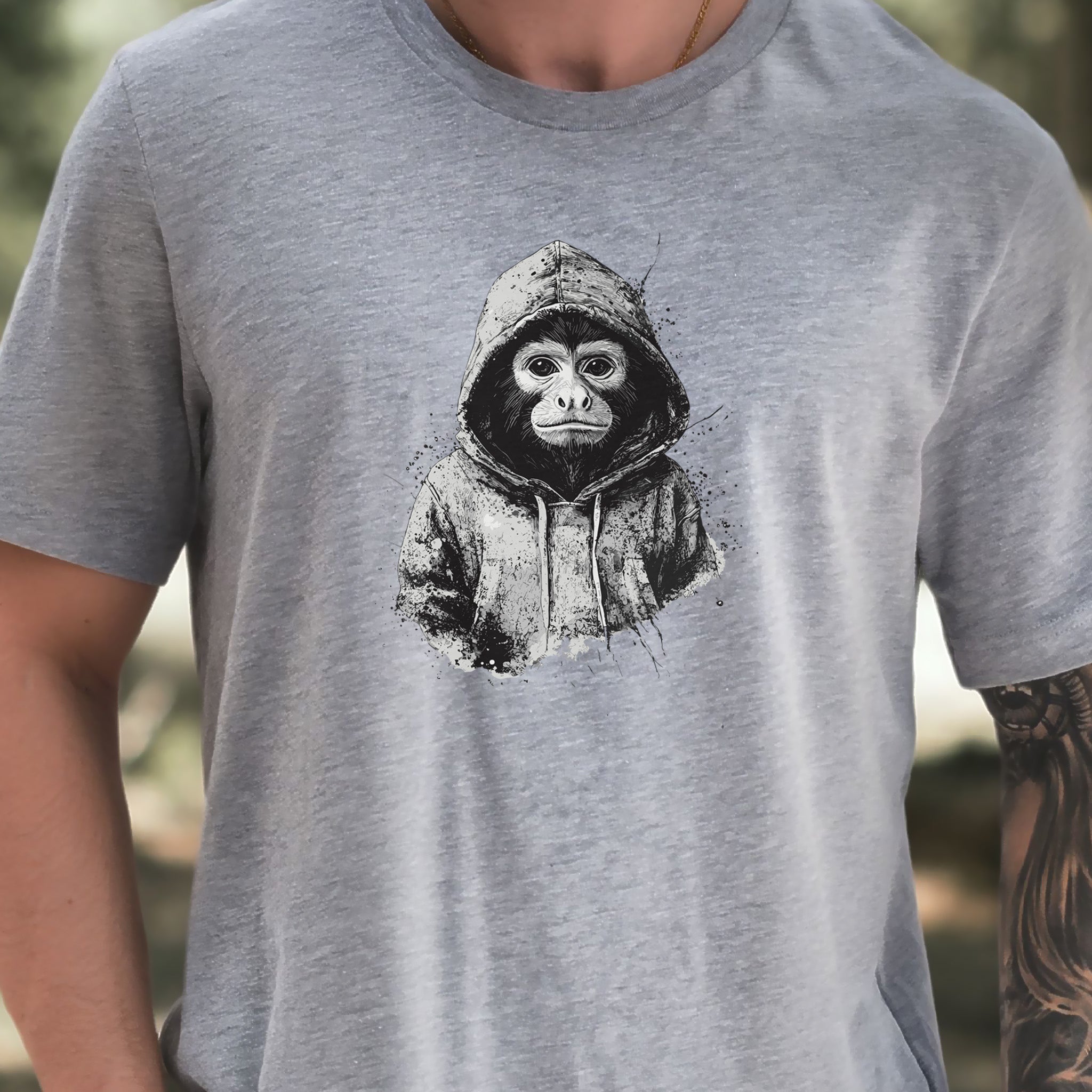 Monkey in a Hoodie T-Shirt – Realistic and Playful Design