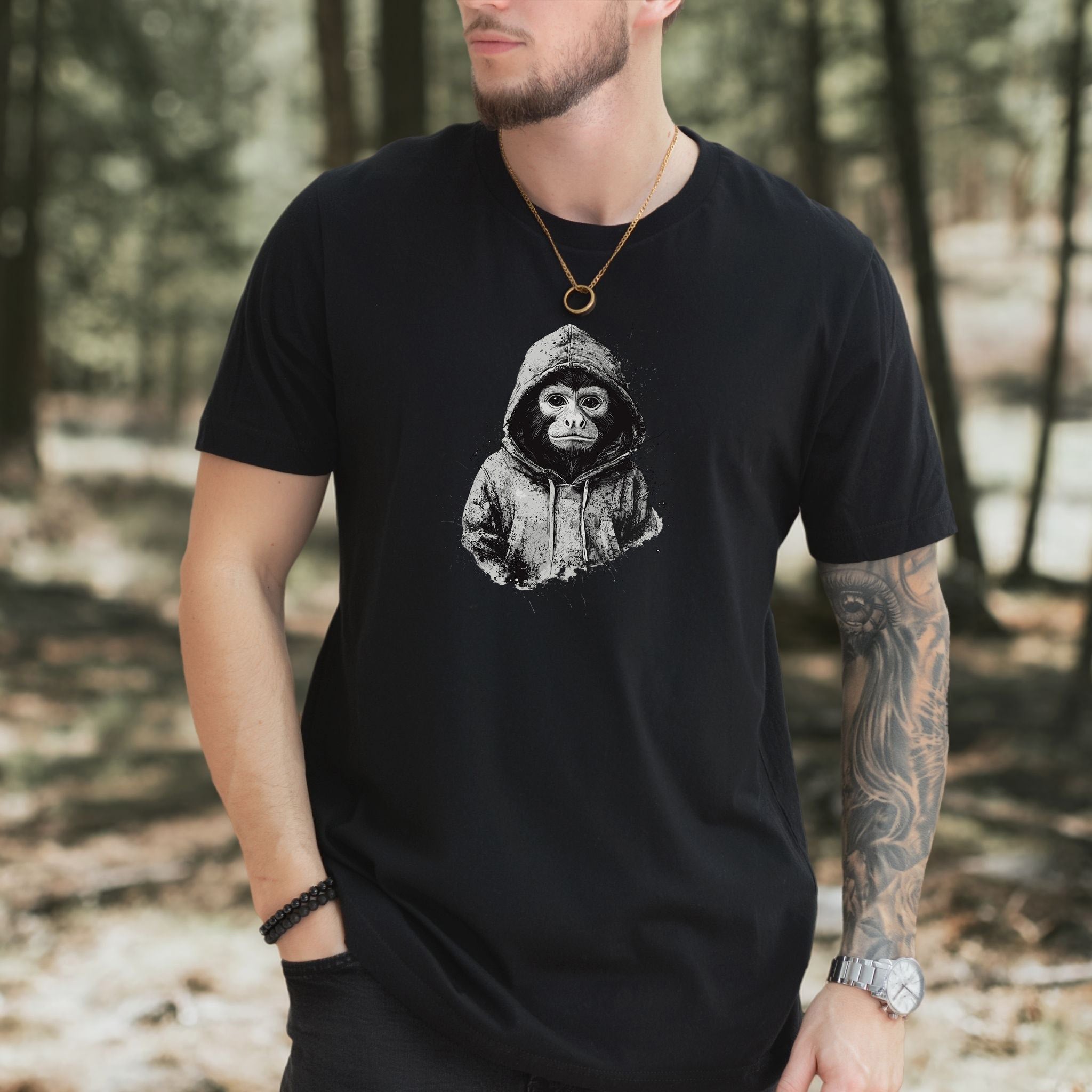 Monkey in a Hoodie T-Shirt – Realistic and Playful Design