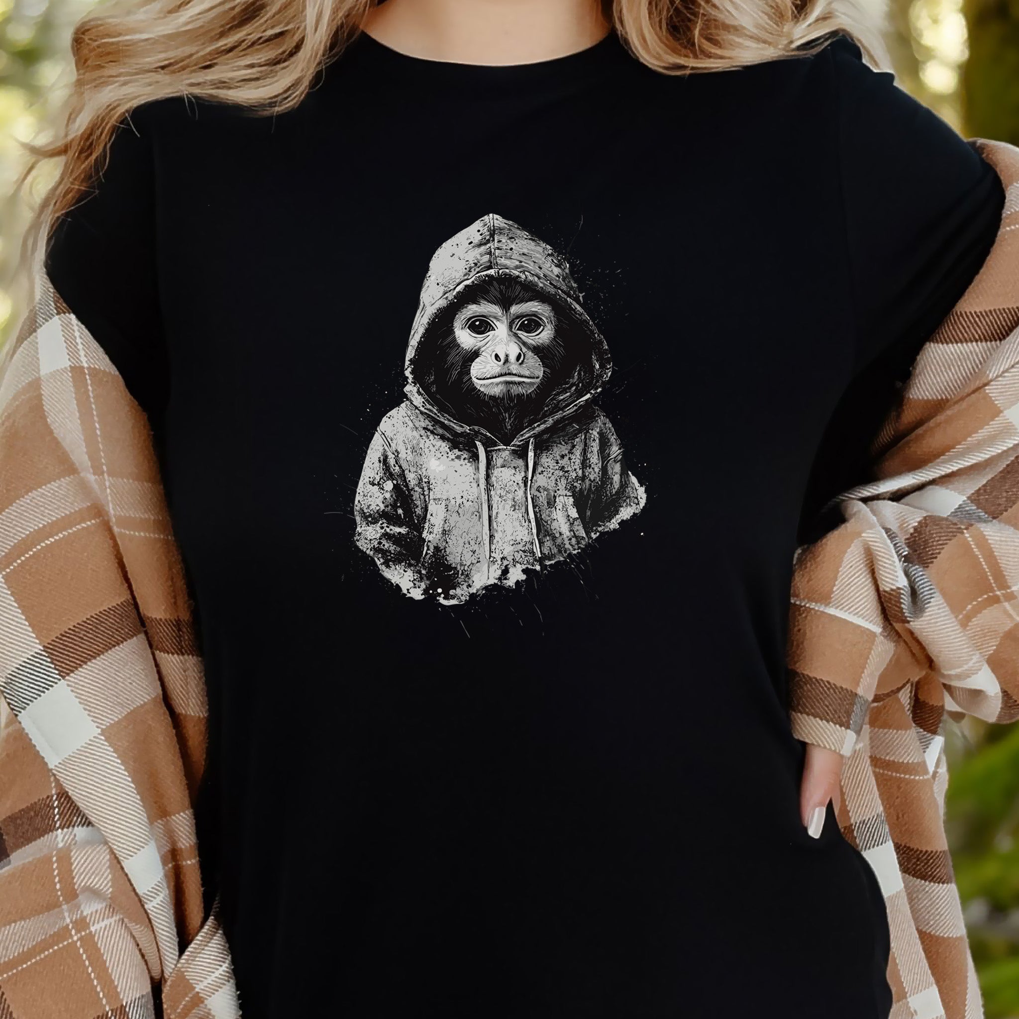 Monkey in a Hoodie T-Shirt – Realistic and Playful Design