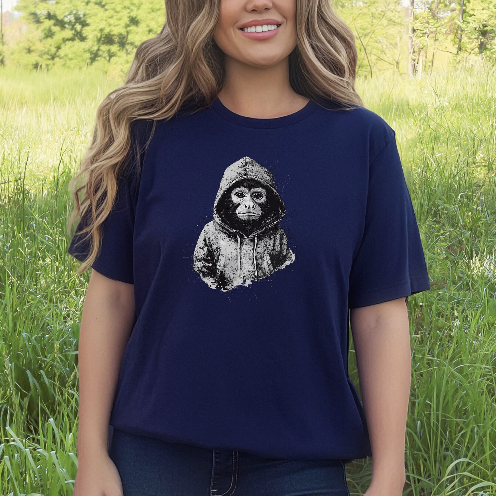 Monkey in a Hoodie T-Shirt – Realistic and Playful Design