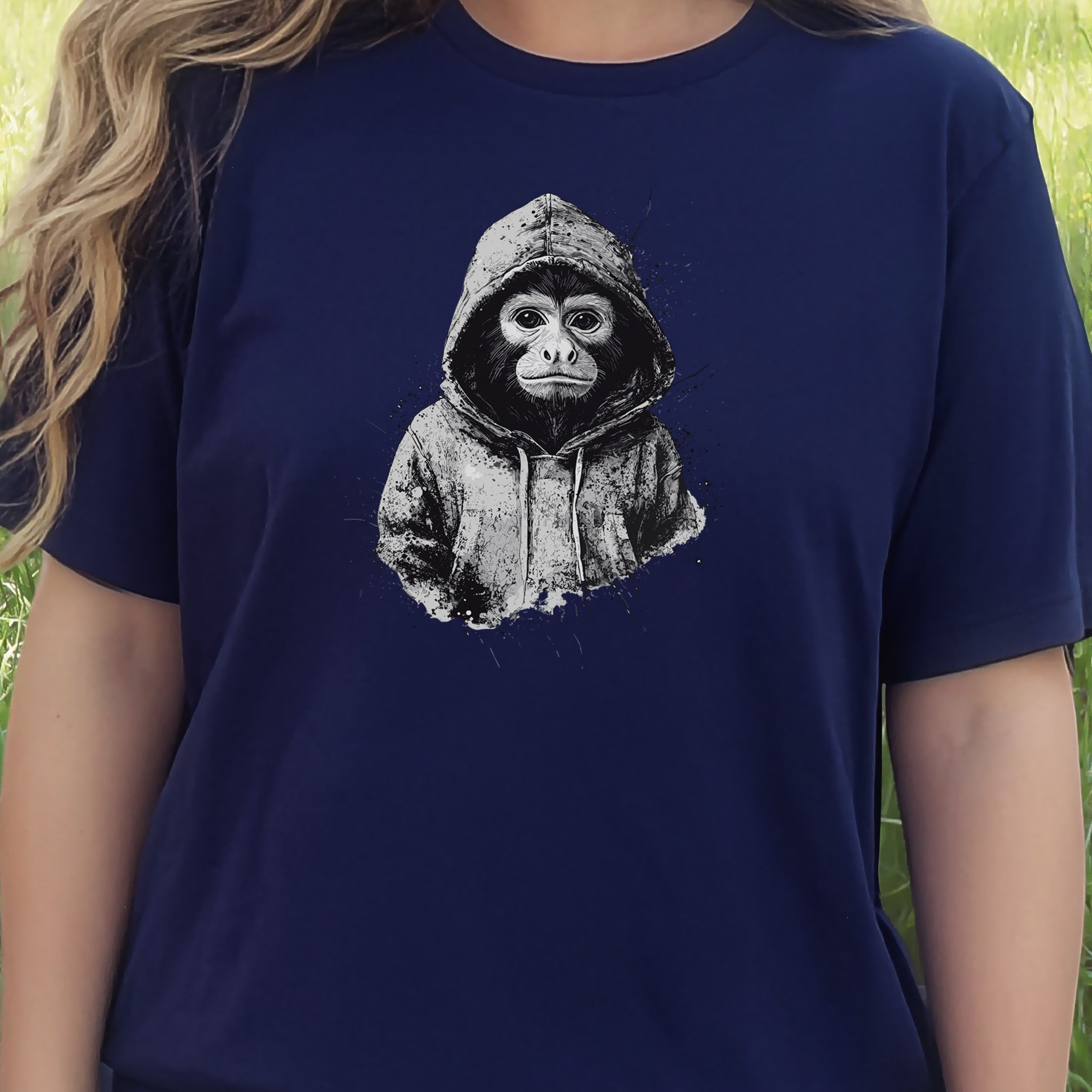 Monkey in a Hoodie T-Shirt – Realistic and Playful Design