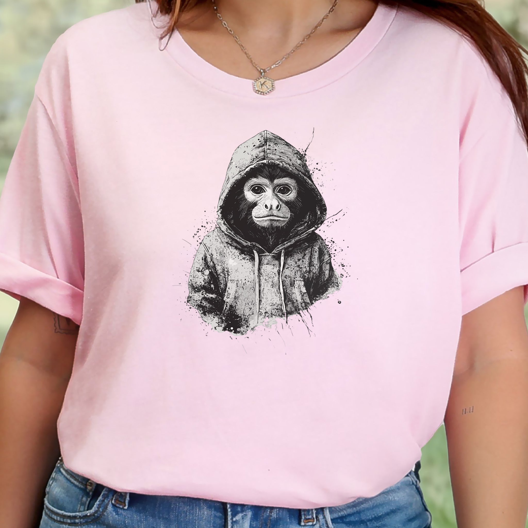 Monkey in a Hoodie T-Shirt – Realistic and Playful Design
