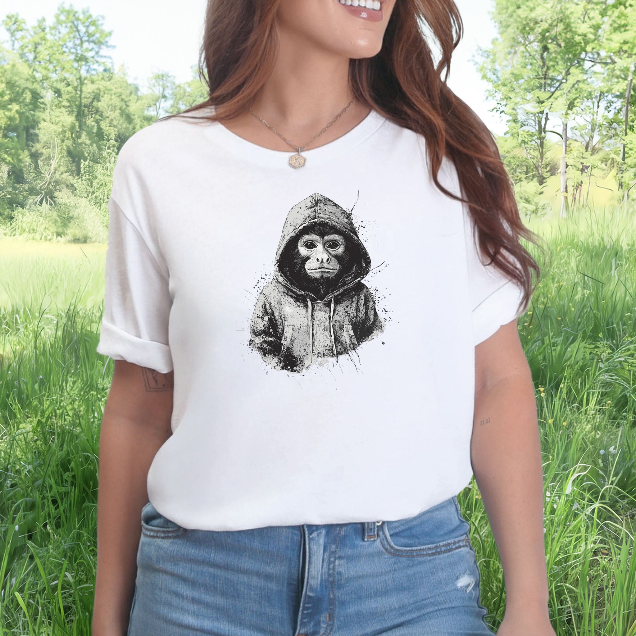 Monkey in a Hoodie T-Shirt – Realistic and Playful Design