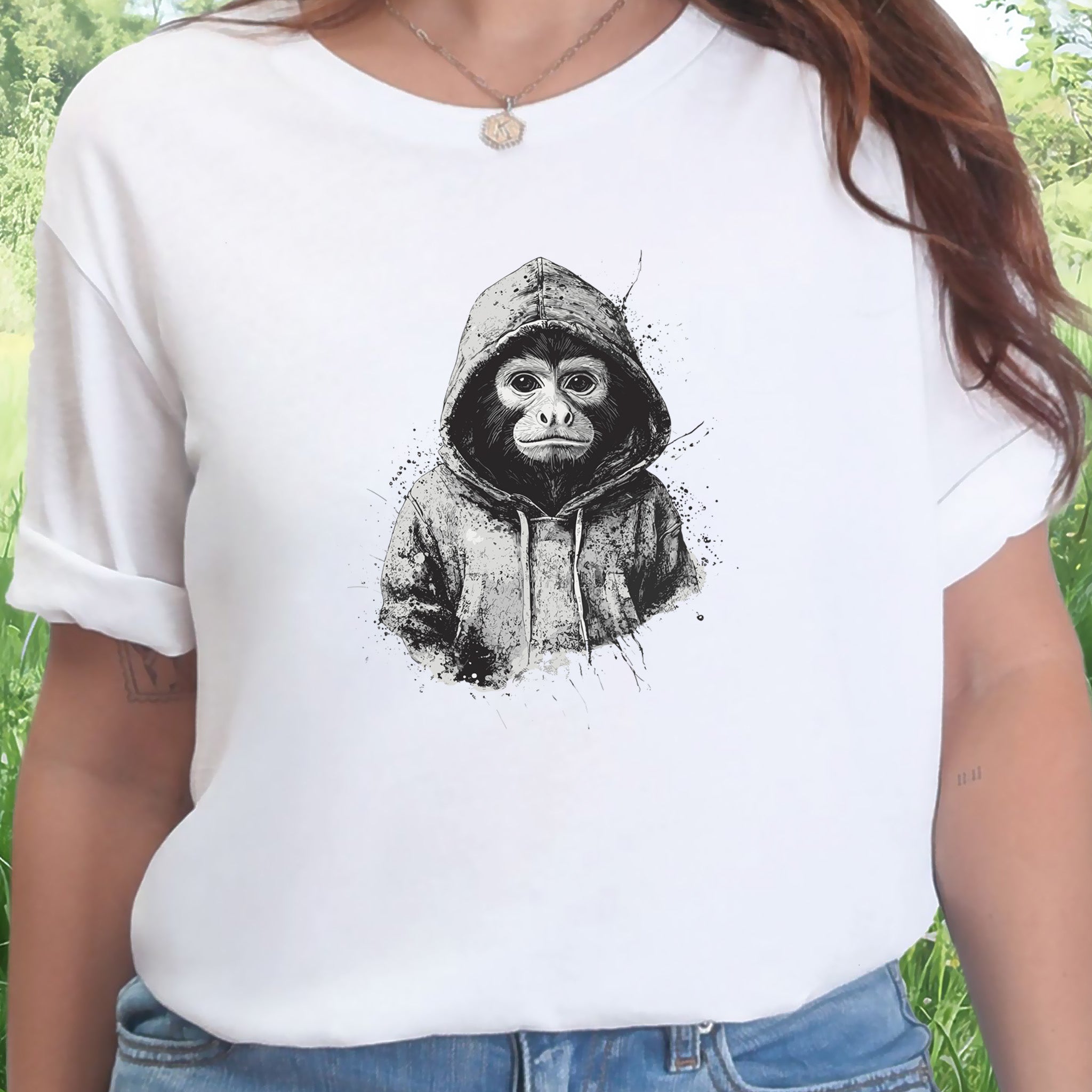 Monkey in a Hoodie T-Shirt – Realistic and Playful Design