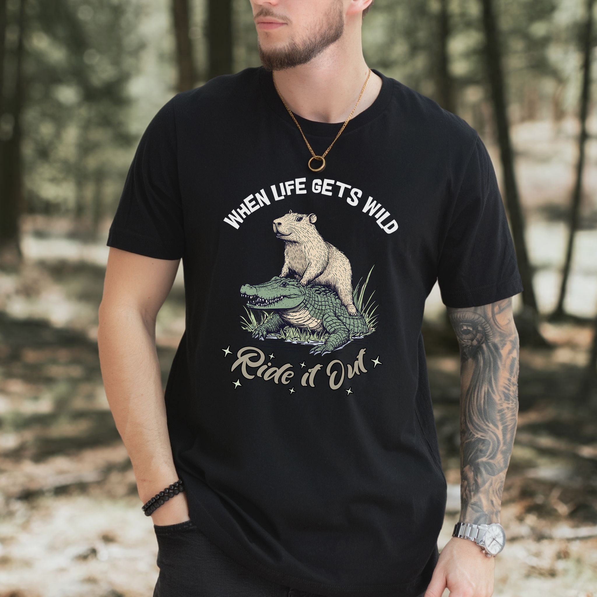 When Life Gets Wild T-Shirt – Capybara and Alligator Humor