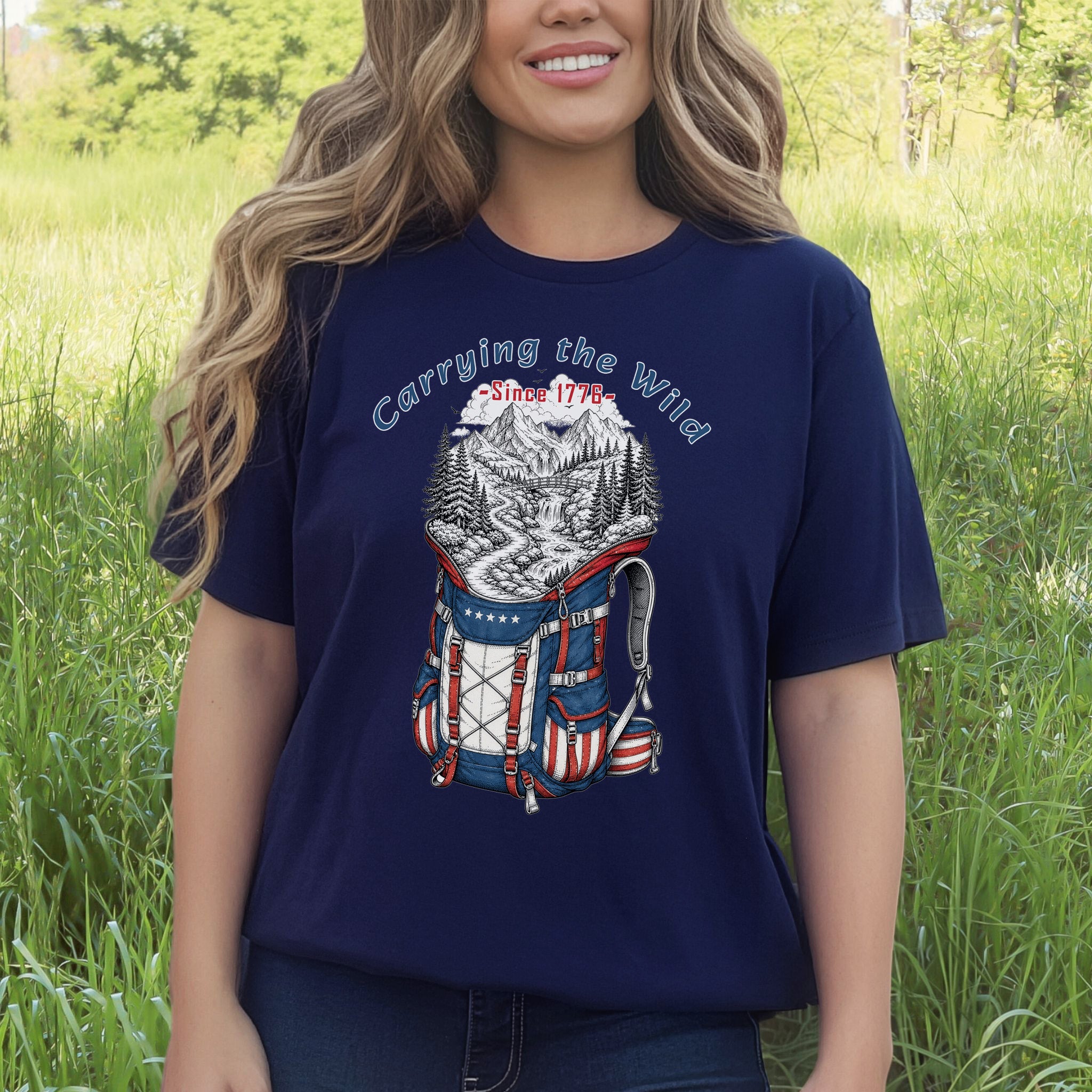 Carrying the Wild Patriotic Hiking Backpack Since 1776 T-Shirt