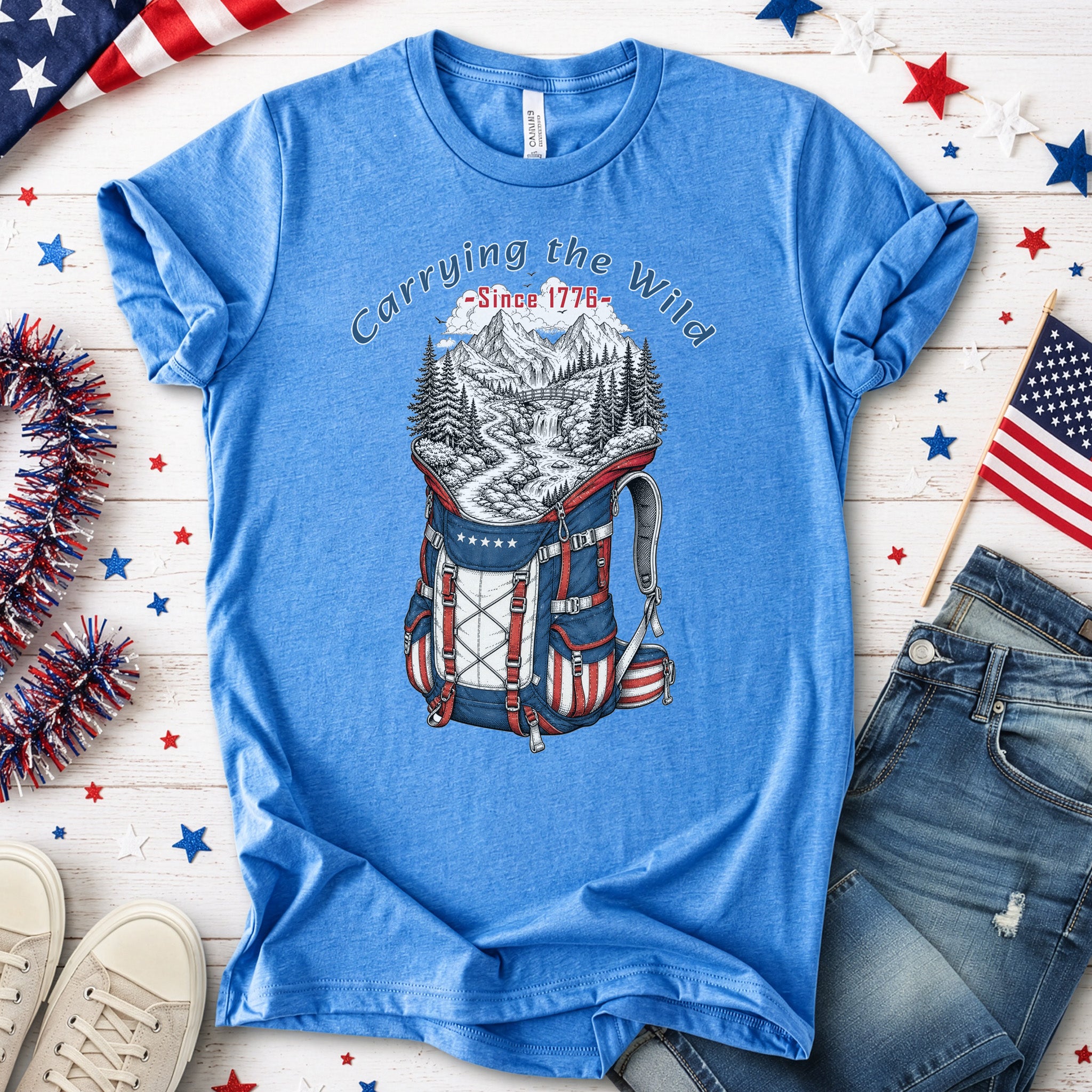 Carrying the Wild Patriotic Hiking Backpack Since 1776 T-Shirt