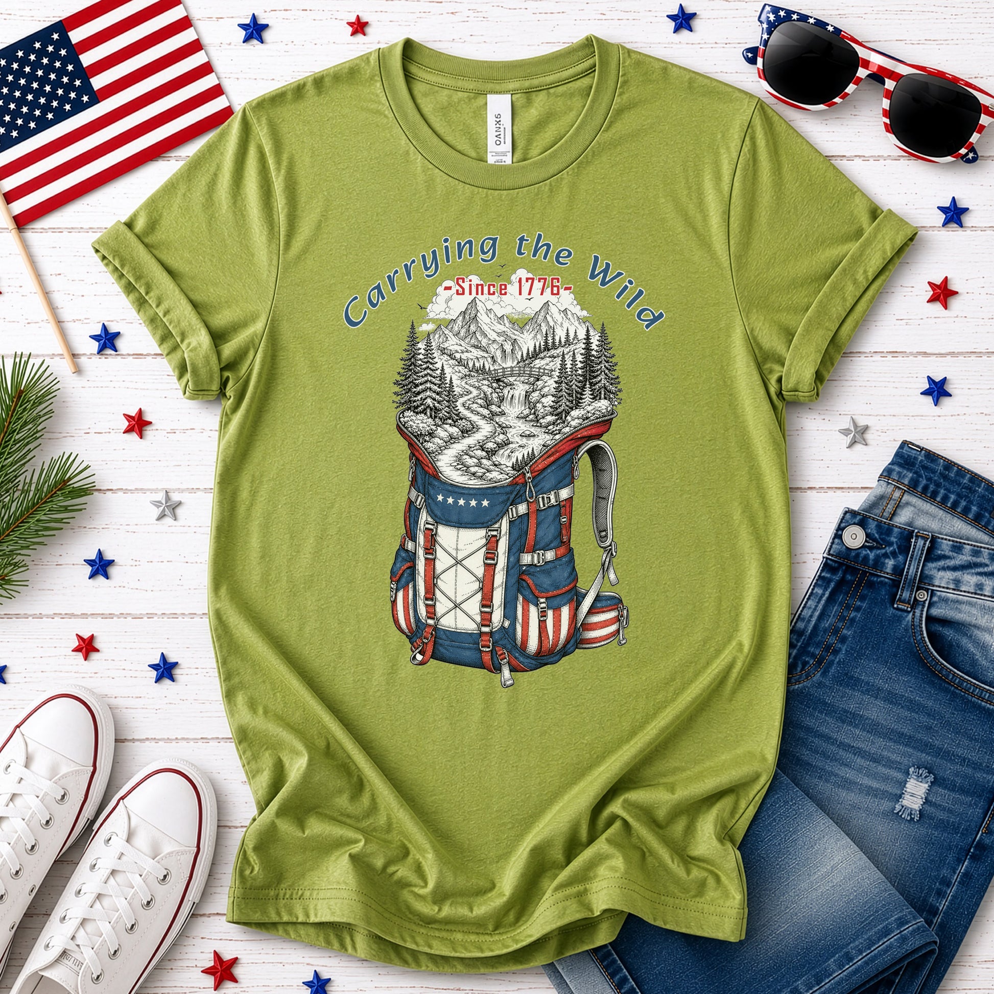 Carrying the Wild Patriotic Hiking Backpack Since 1776 T-Shirt