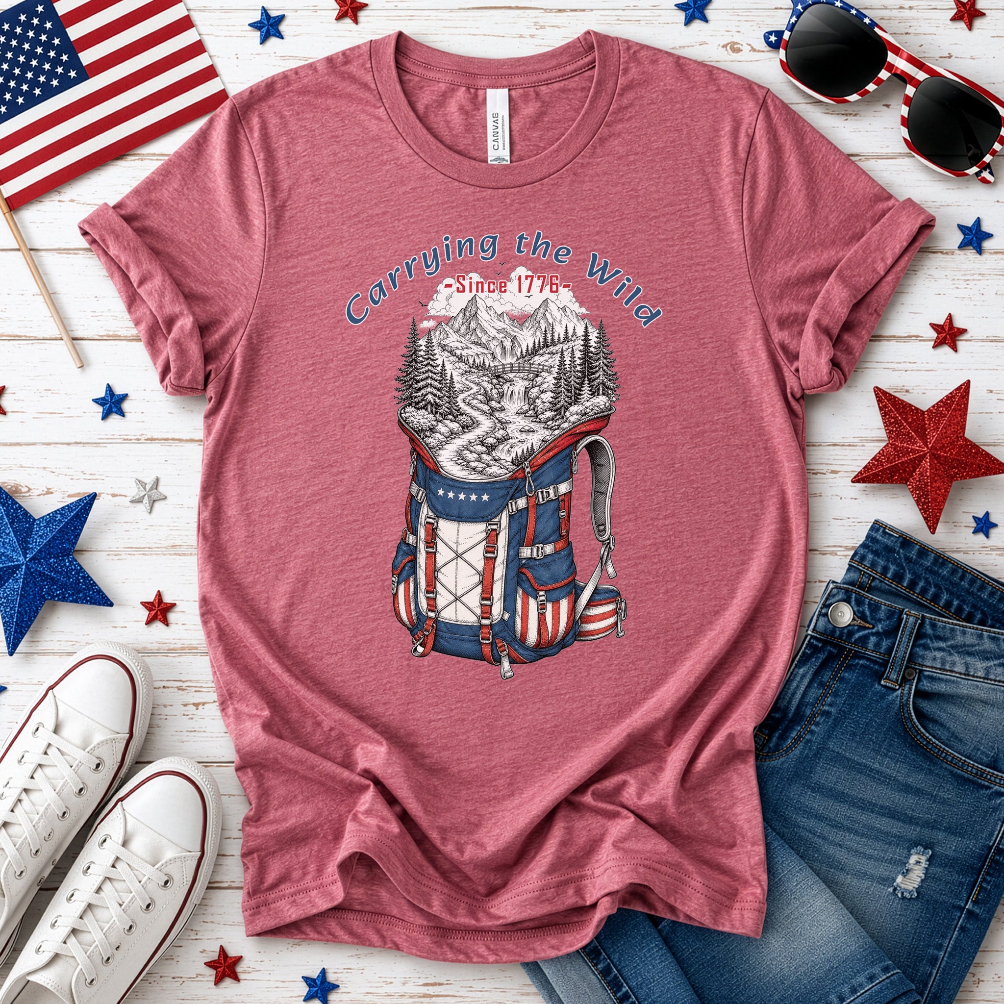 Carrying the Wild Patriotic Hiking Backpack Since 1776 T-Shirt