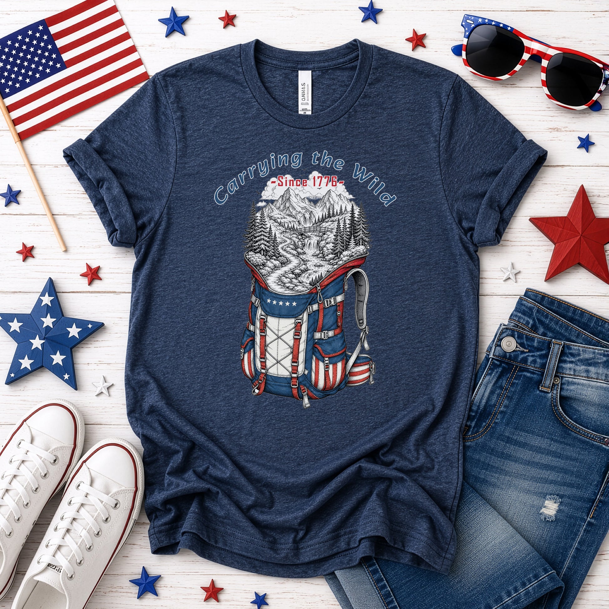 Carrying the Wild Patriotic Hiking Backpack Since 1776 T-Shirt
