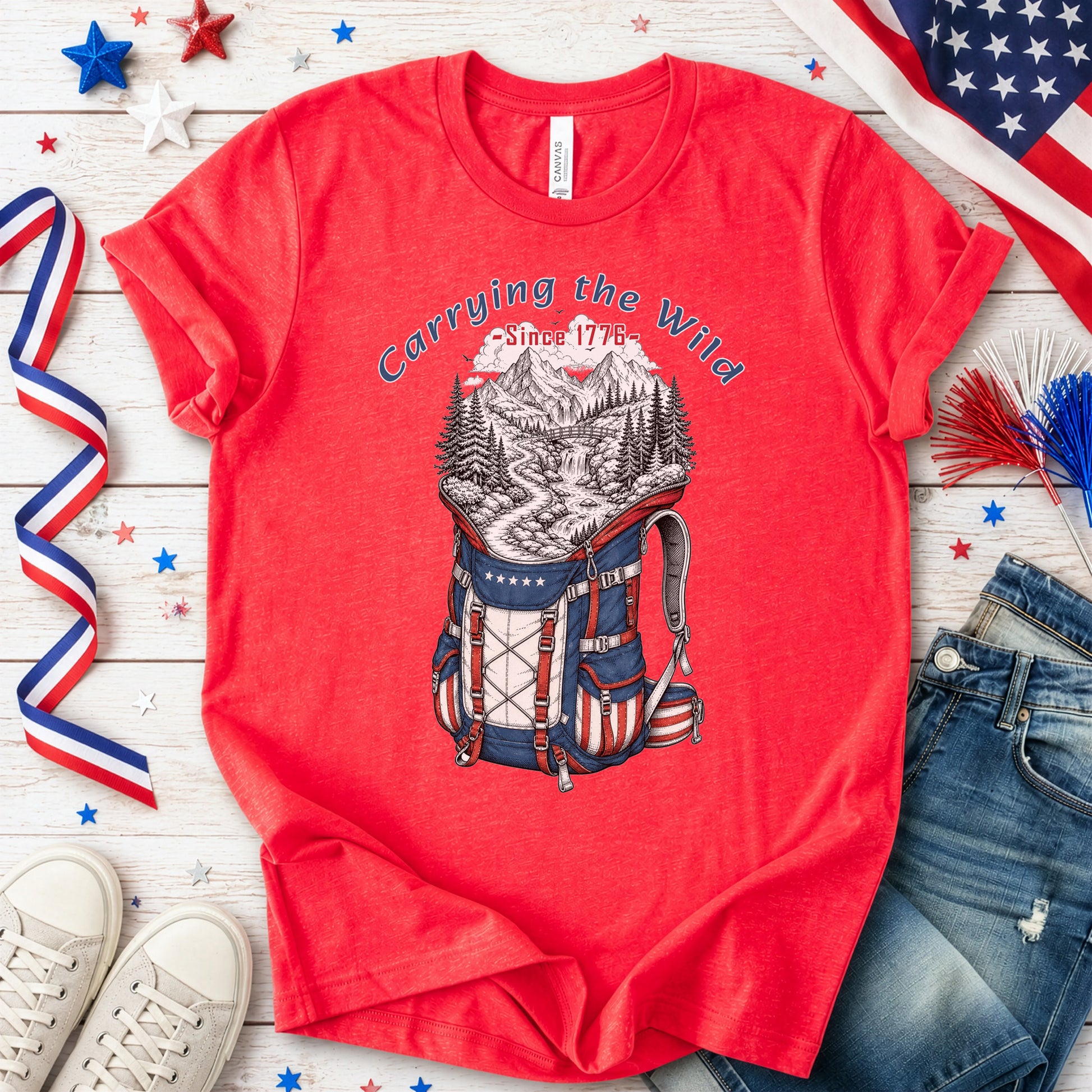 Carrying the Wild Patriotic Hiking Backpack Since 1776 T-Shirt