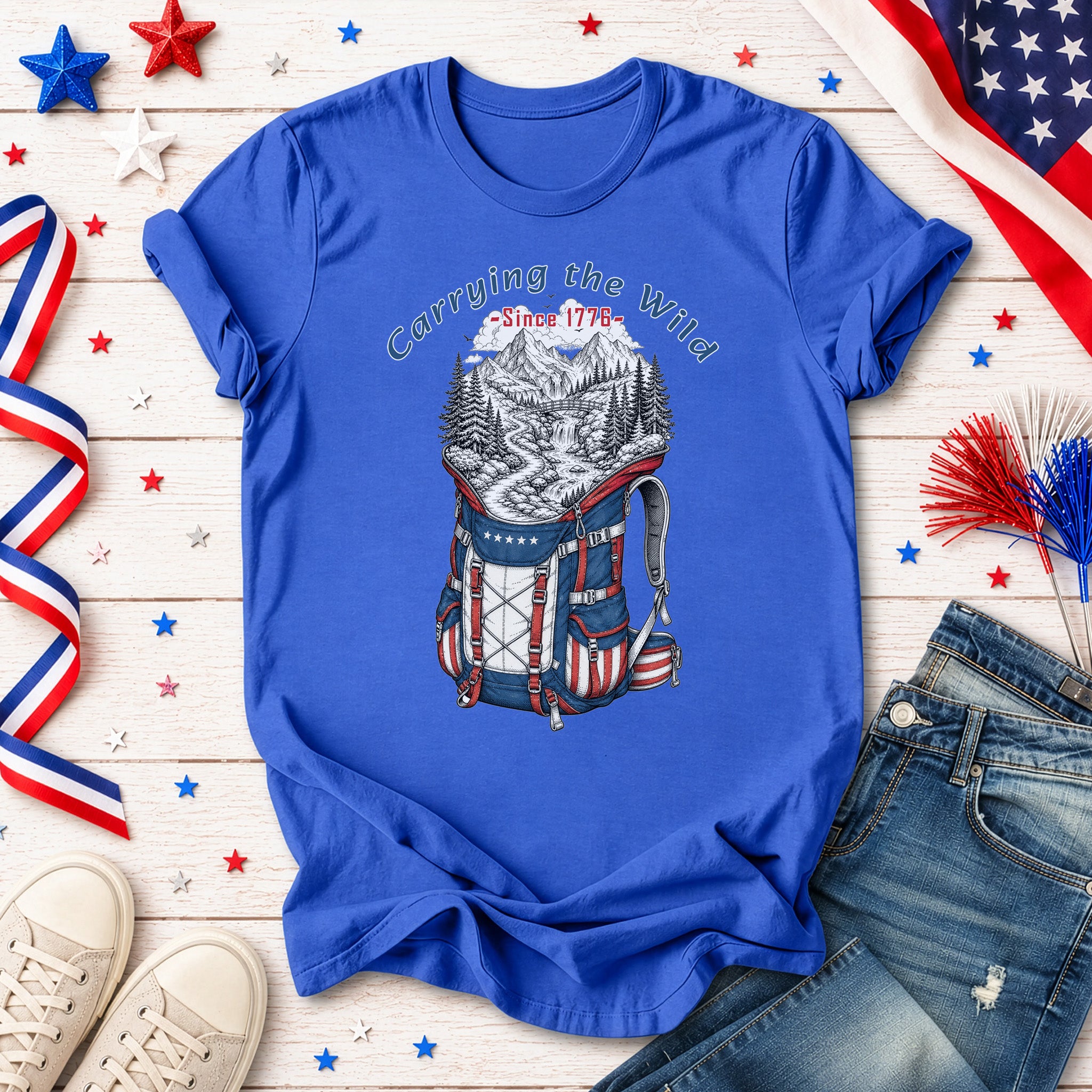 Carrying the Wild Patriotic Hiking Backpack Since 1776 T-Shirt