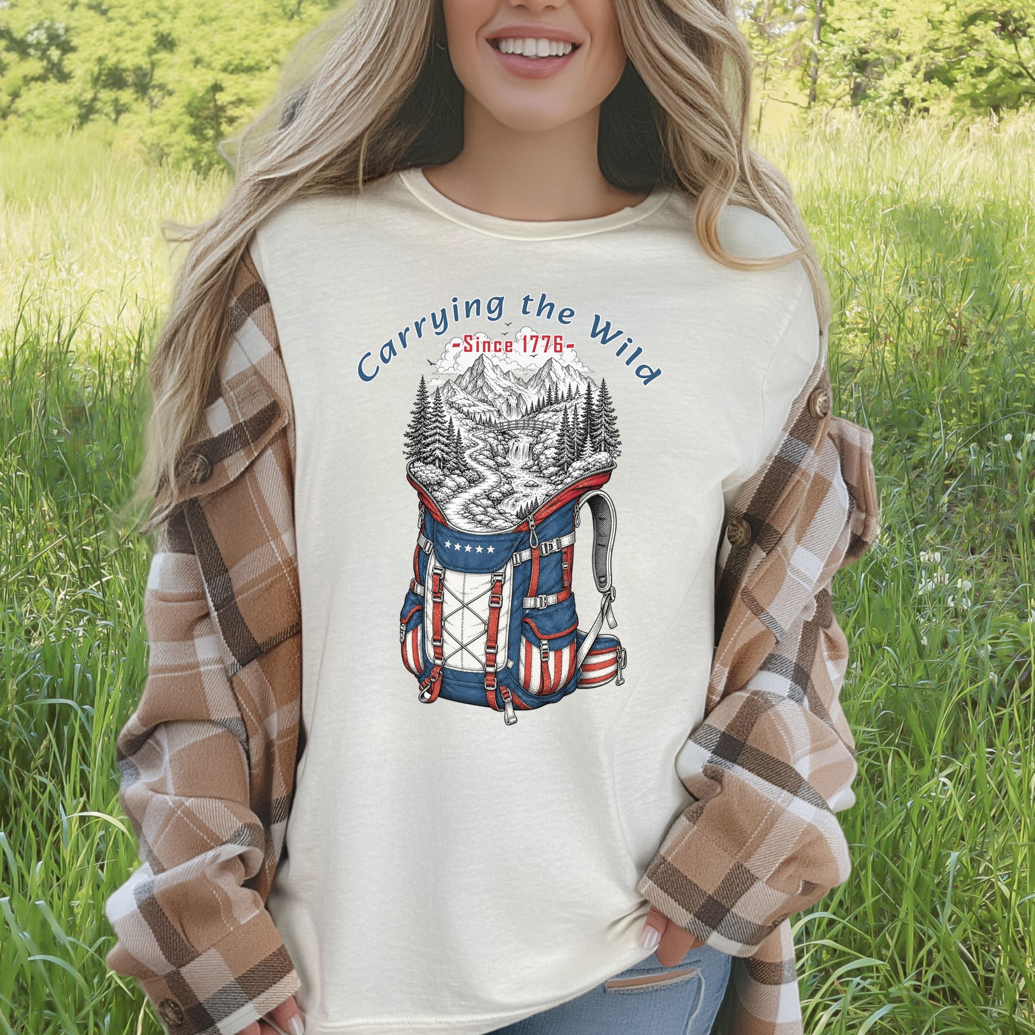 Carrying the Wild Patriotic Hiking Backpack Since 1776 T-Shirt