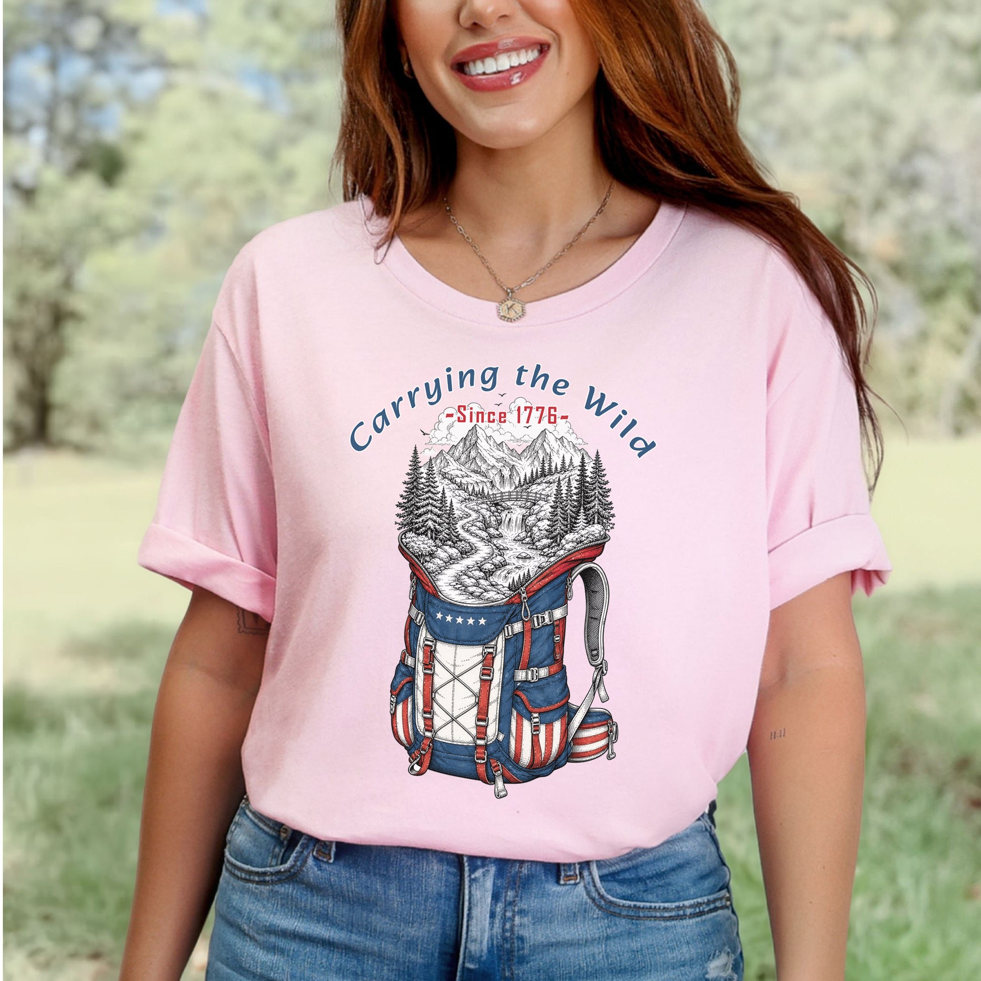 Carrying the Wild Patriotic Hiking Backpack Since 1776 T-Shirt