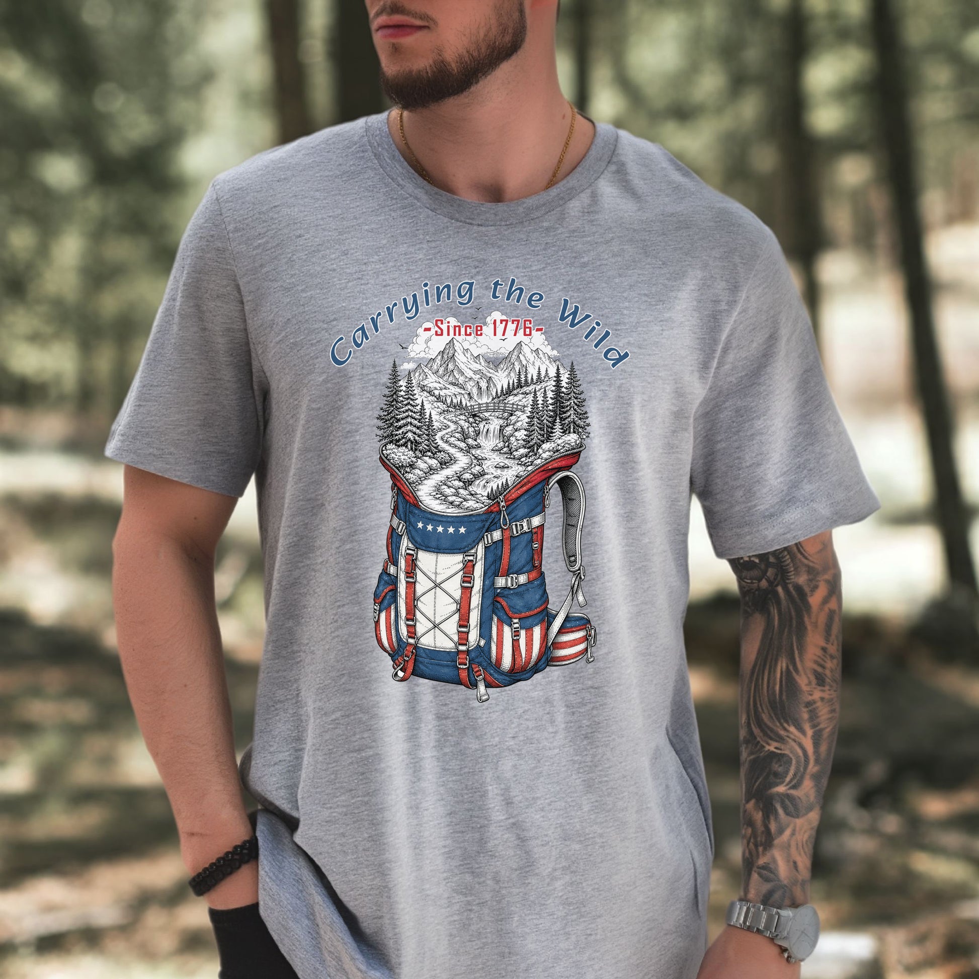 Carrying the Wild Patriotic Hiking Backpack Since 1776 T-Shirt
