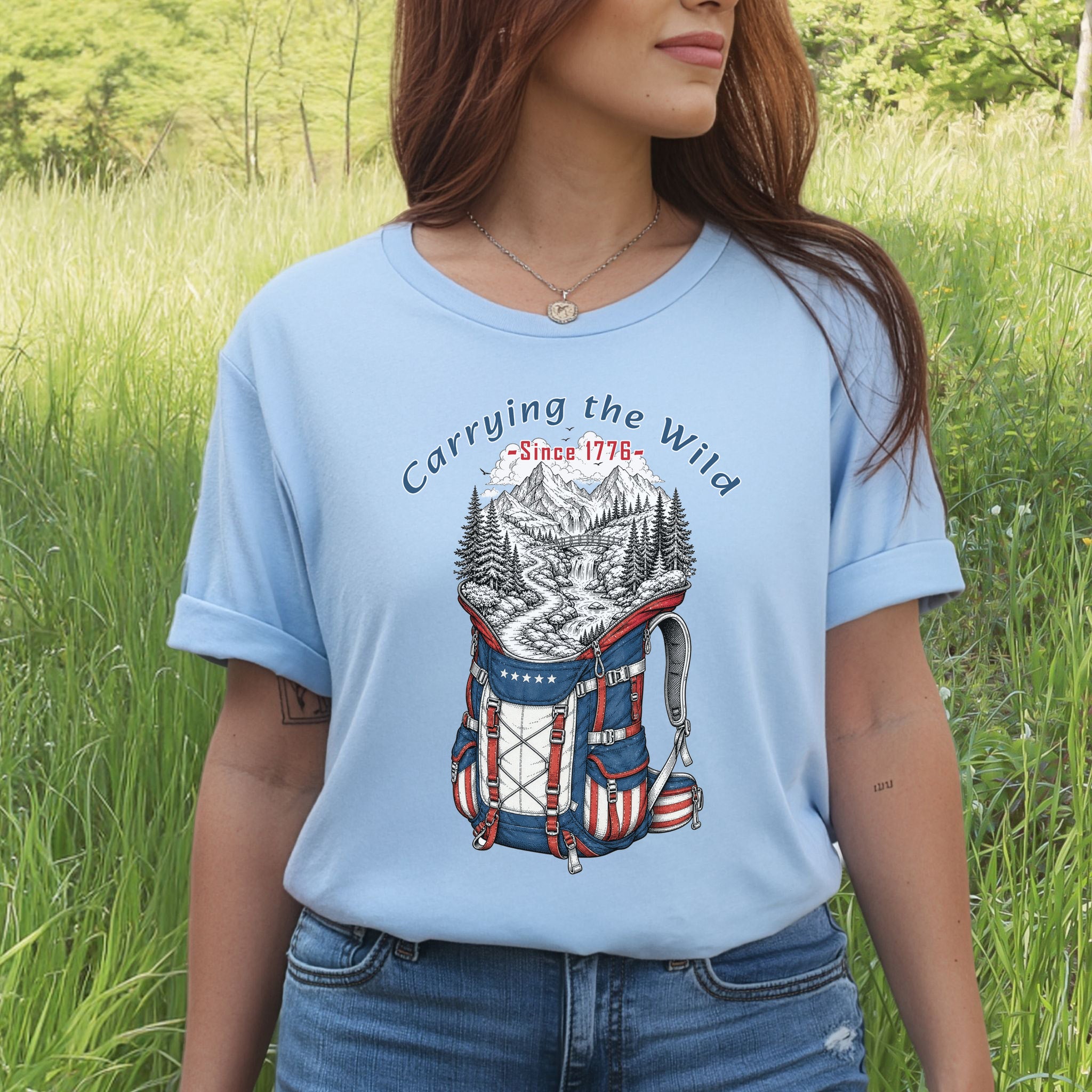 Carrying the Wild Patriotic Hiking Backpack Since 1776 T-Shirt