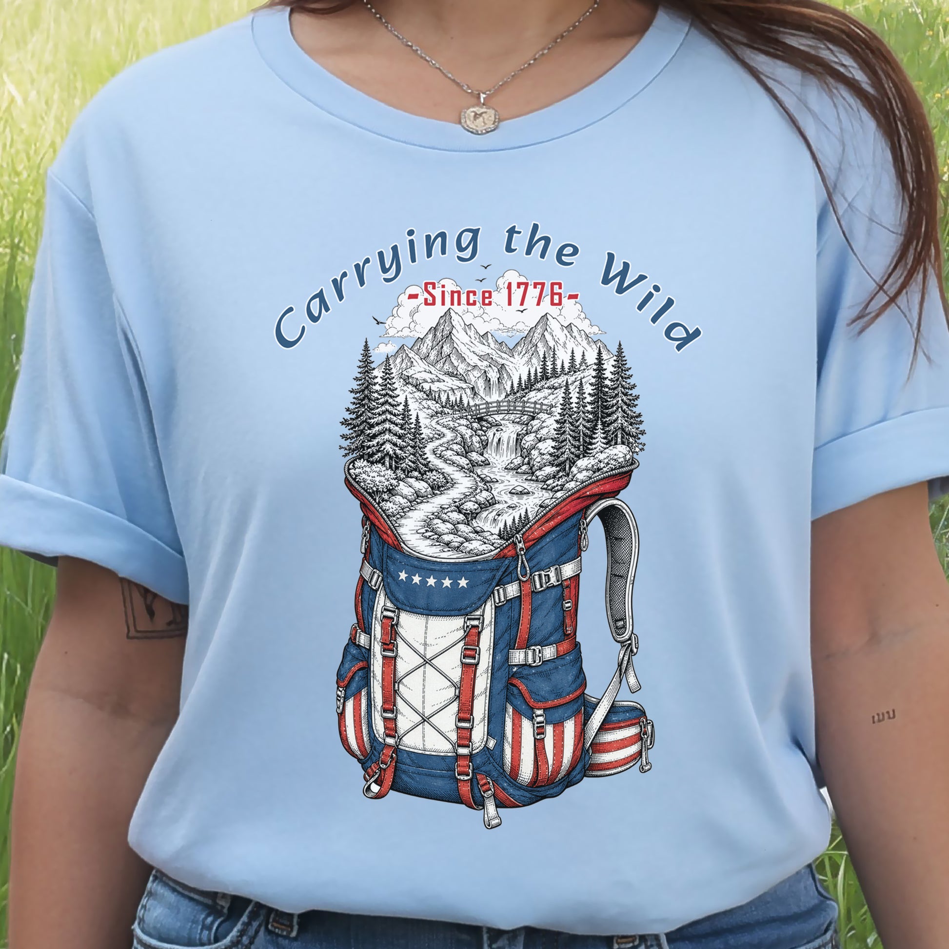 Carrying the Wild Patriotic Hiking Backpack Since 1776 T-Shirt