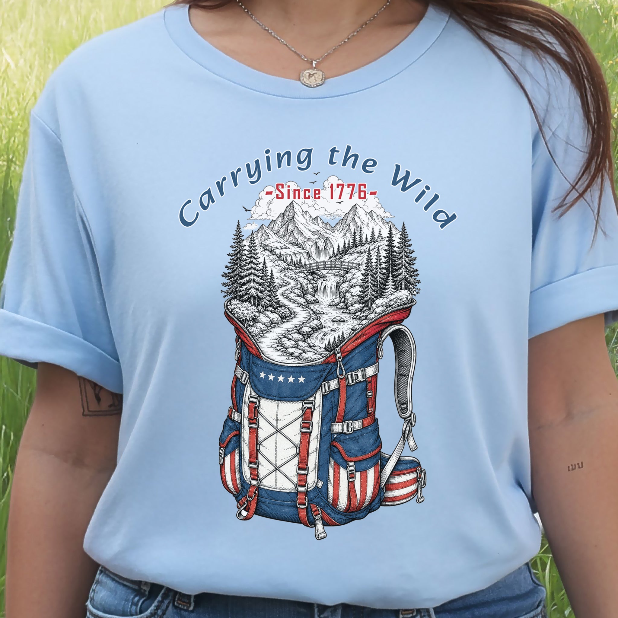 Carrying the Wild Patriotic Hiking Backpack Since 1776 T-Shirt