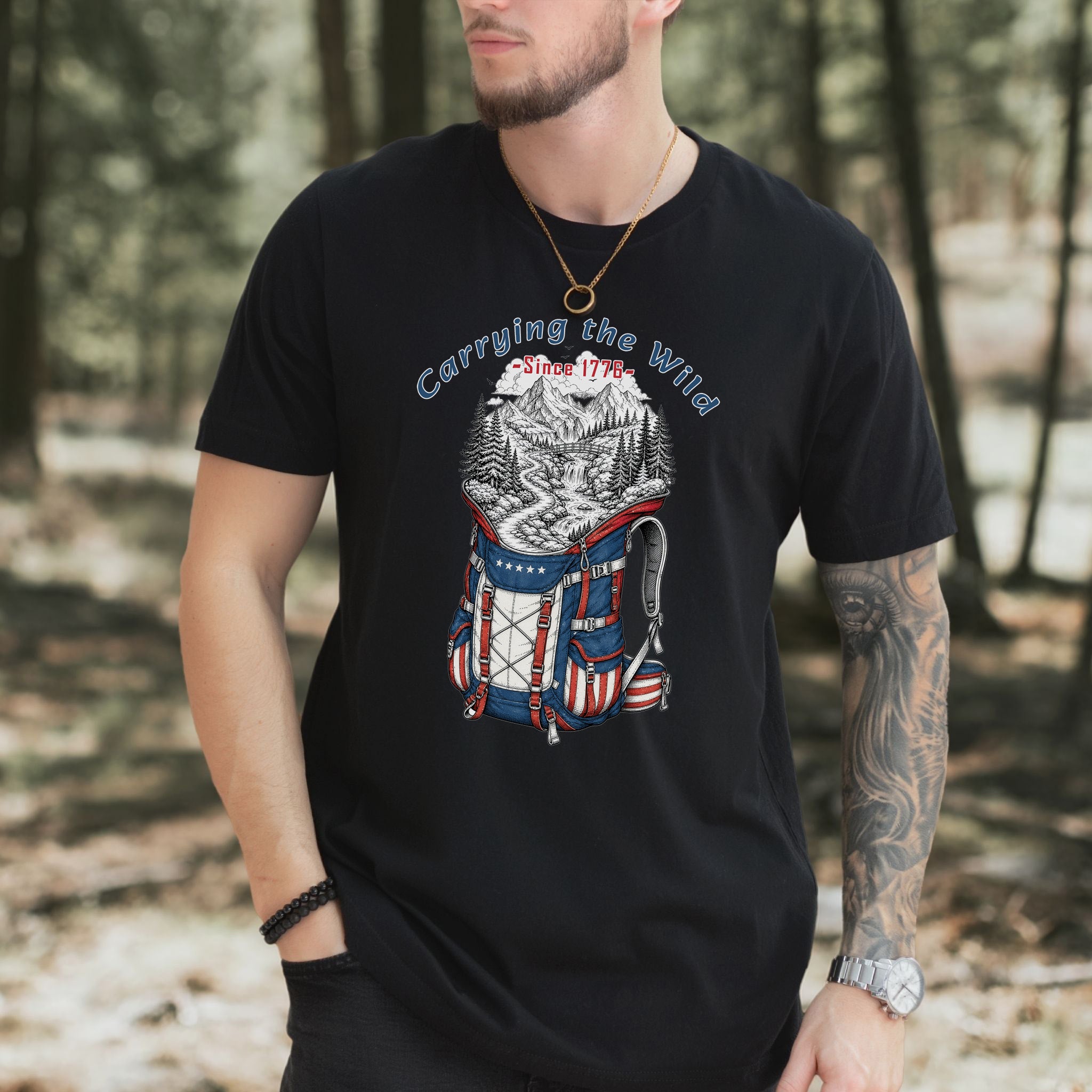 Carrying the Wild Patriotic Hiking Backpack Since 1776 T-Shirt