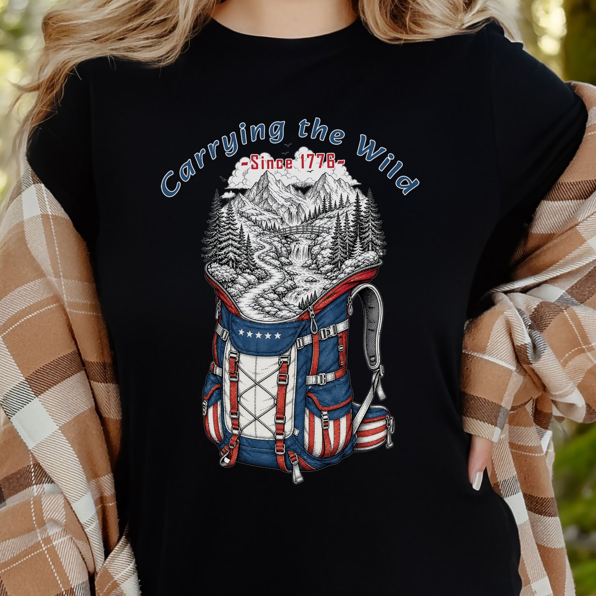 Carrying the Wild Patriotic Hiking Backpack Since 1776 T-Shirt