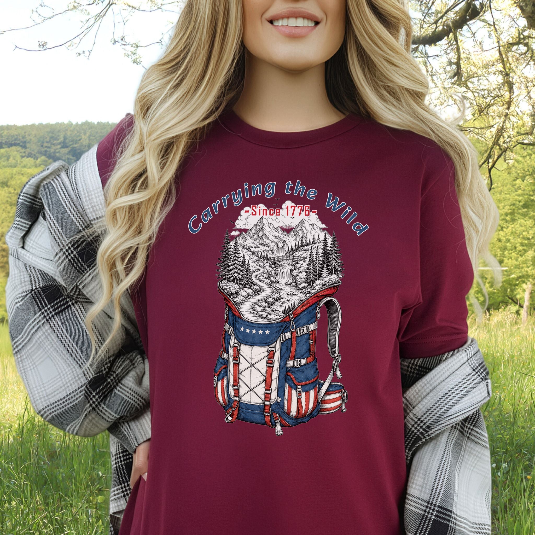 Carrying the Wild Patriotic Hiking Backpack Since 1776 T-Shirt