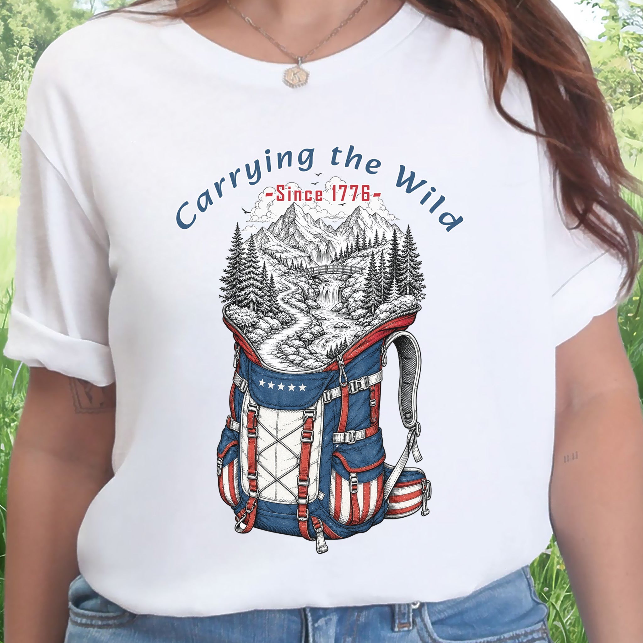 Carrying the Wild Patriotic Hiking Backpack Since 1776 T-Shirt