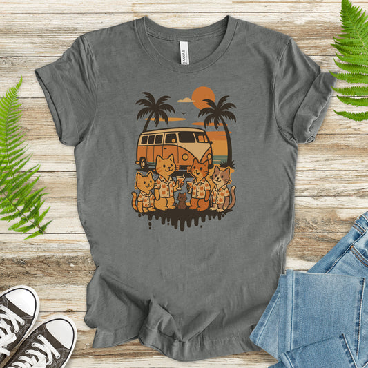 Beach Vacation Cats T-Shirt – Retro Van Life Sunset Tee for Cat Lovers