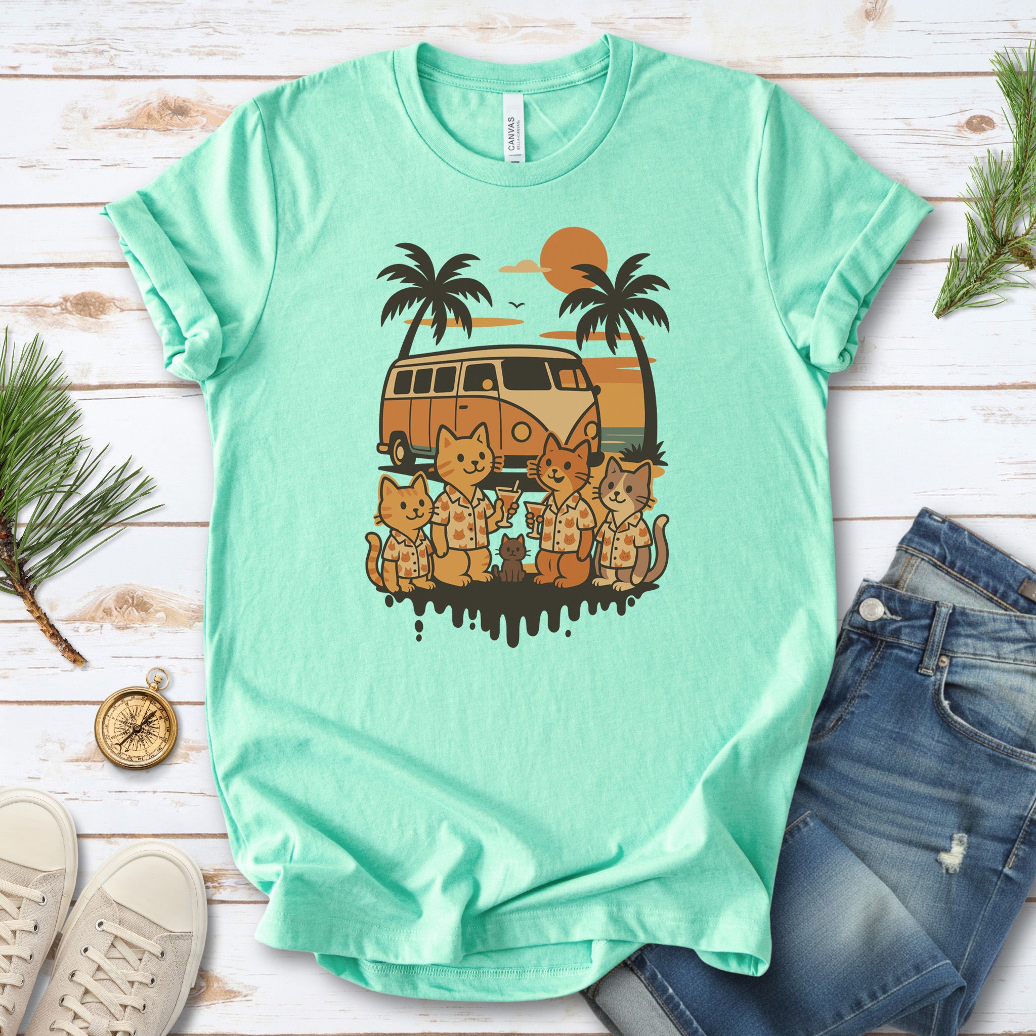 Beach Vacation Cats T-Shirt – Retro Van Life Sunset Tee for Cat Lovers