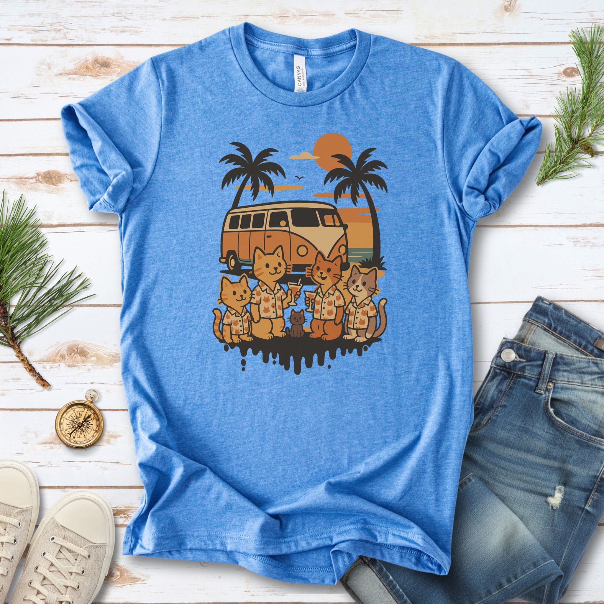Beach Vacation Cats T-Shirt – Retro Van Life Sunset Tee for Cat Lovers
