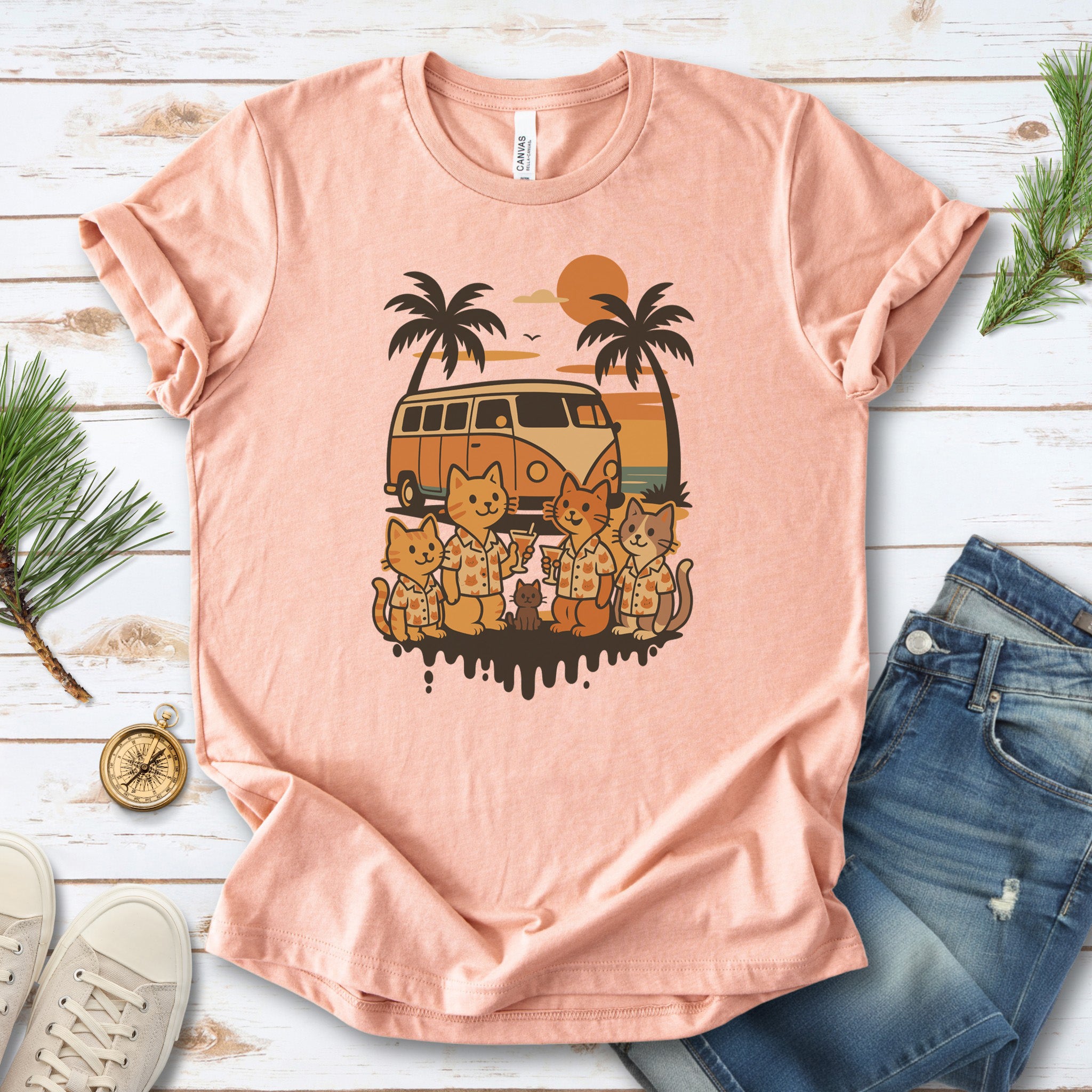 Beach Vacation Cats T-Shirt – Retro Van Life Sunset Tee for Cat Lovers