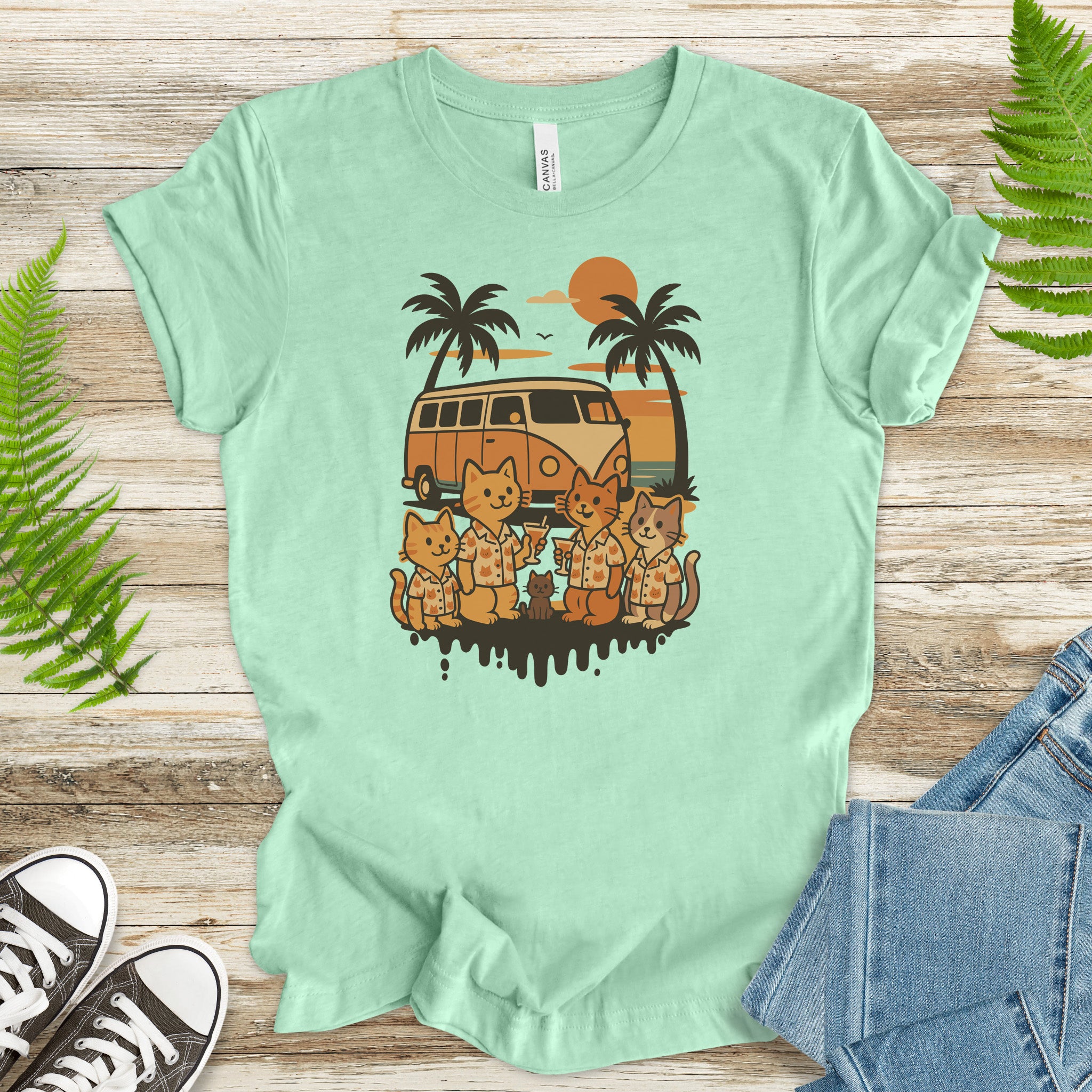 Beach Vacation Cats T-Shirt – Retro Van Life Sunset Tee for Cat Lovers