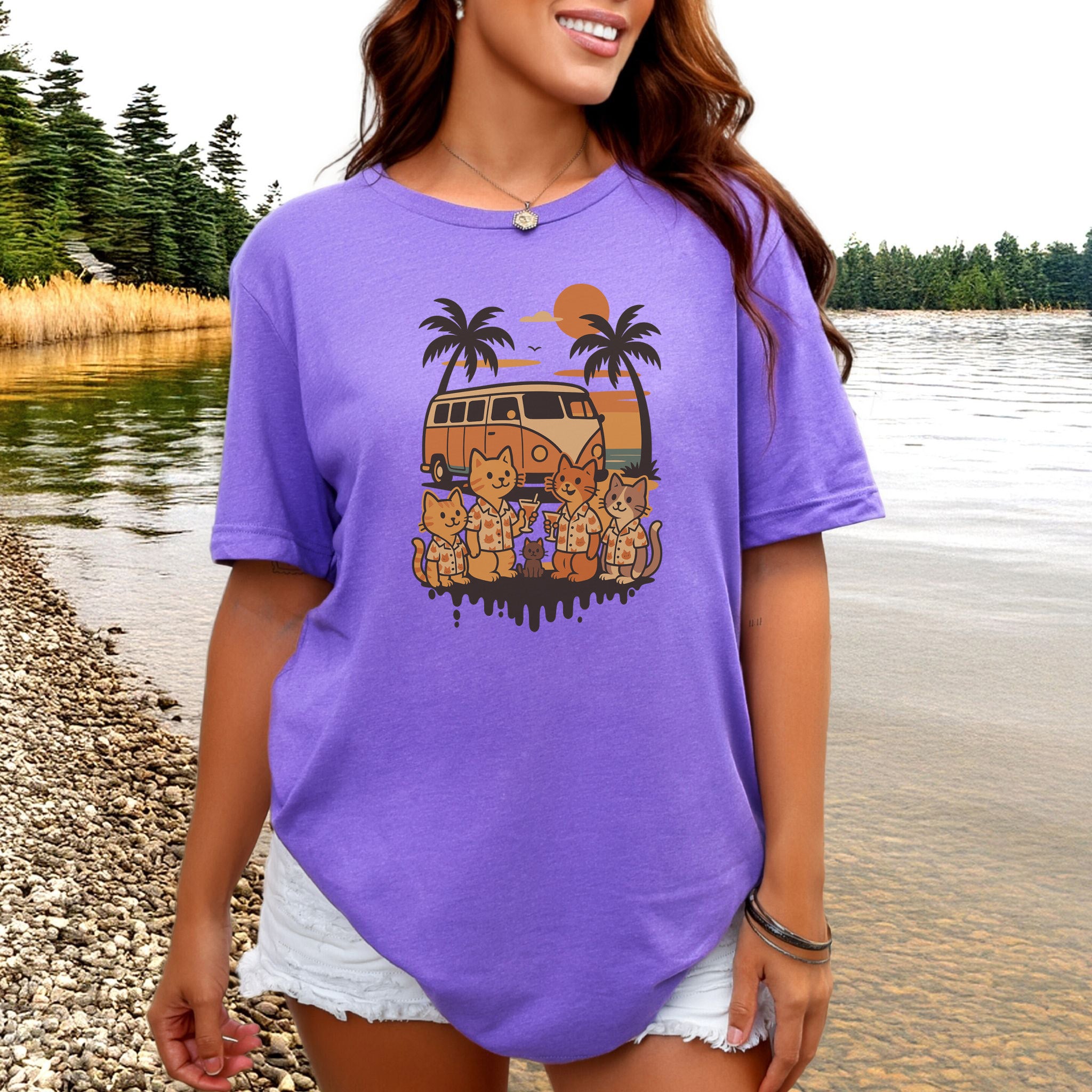 Beach Vacation Cats T-Shirt – Retro Van Life Sunset Tee for Cat Lovers