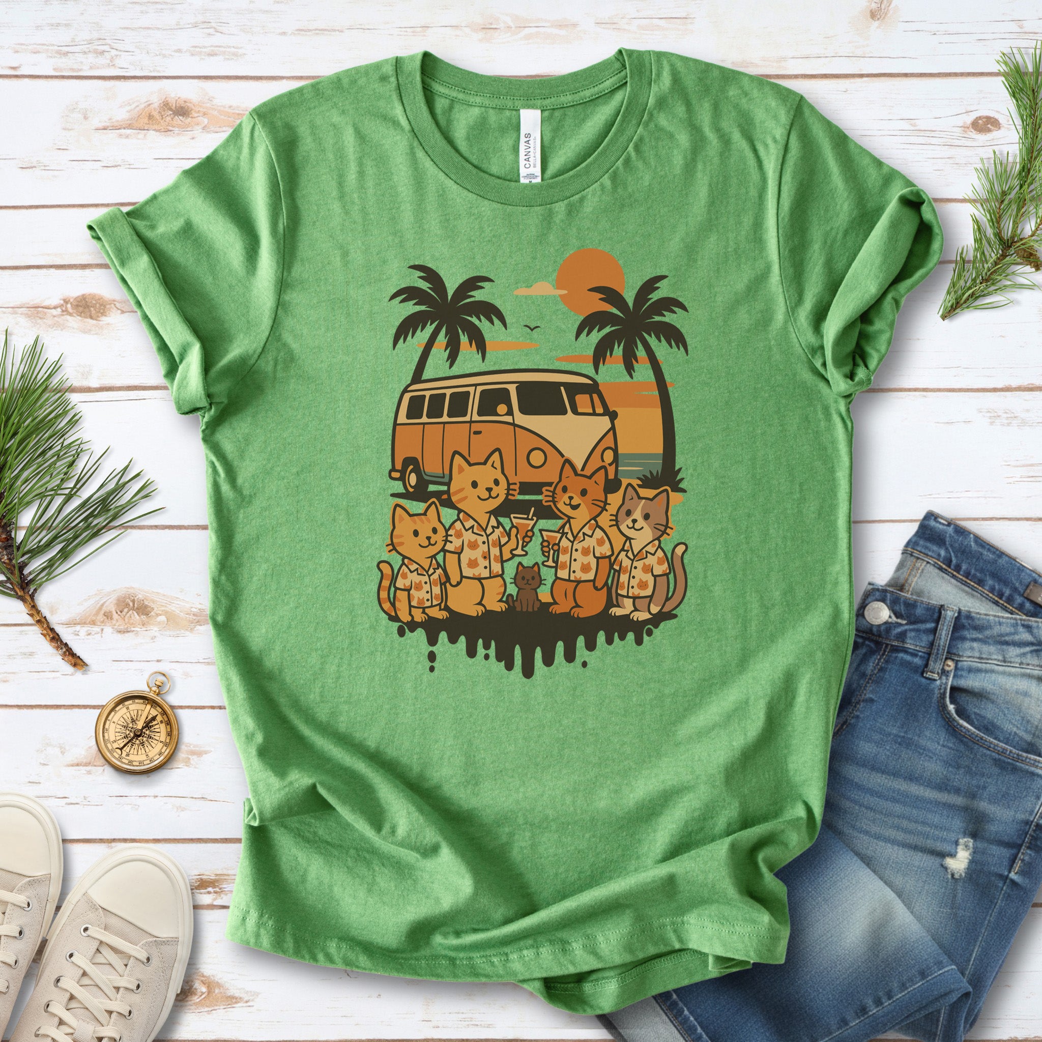 Beach Vacation Cats T-Shirt – Retro Van Life Sunset Tee for Cat Lovers