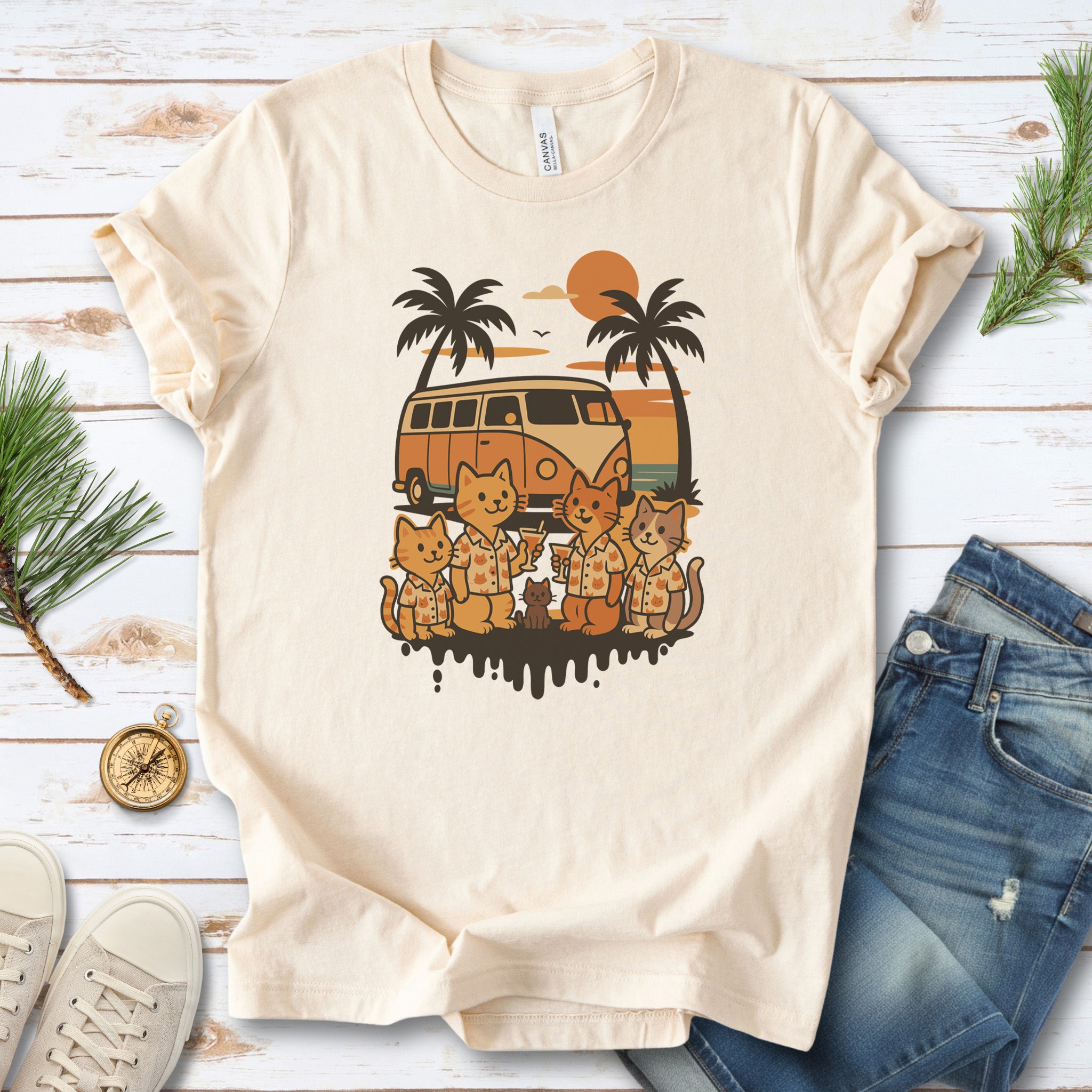 Beach Vacation Cats T-Shirt – Retro Van Life Sunset Tee for Cat Lovers
