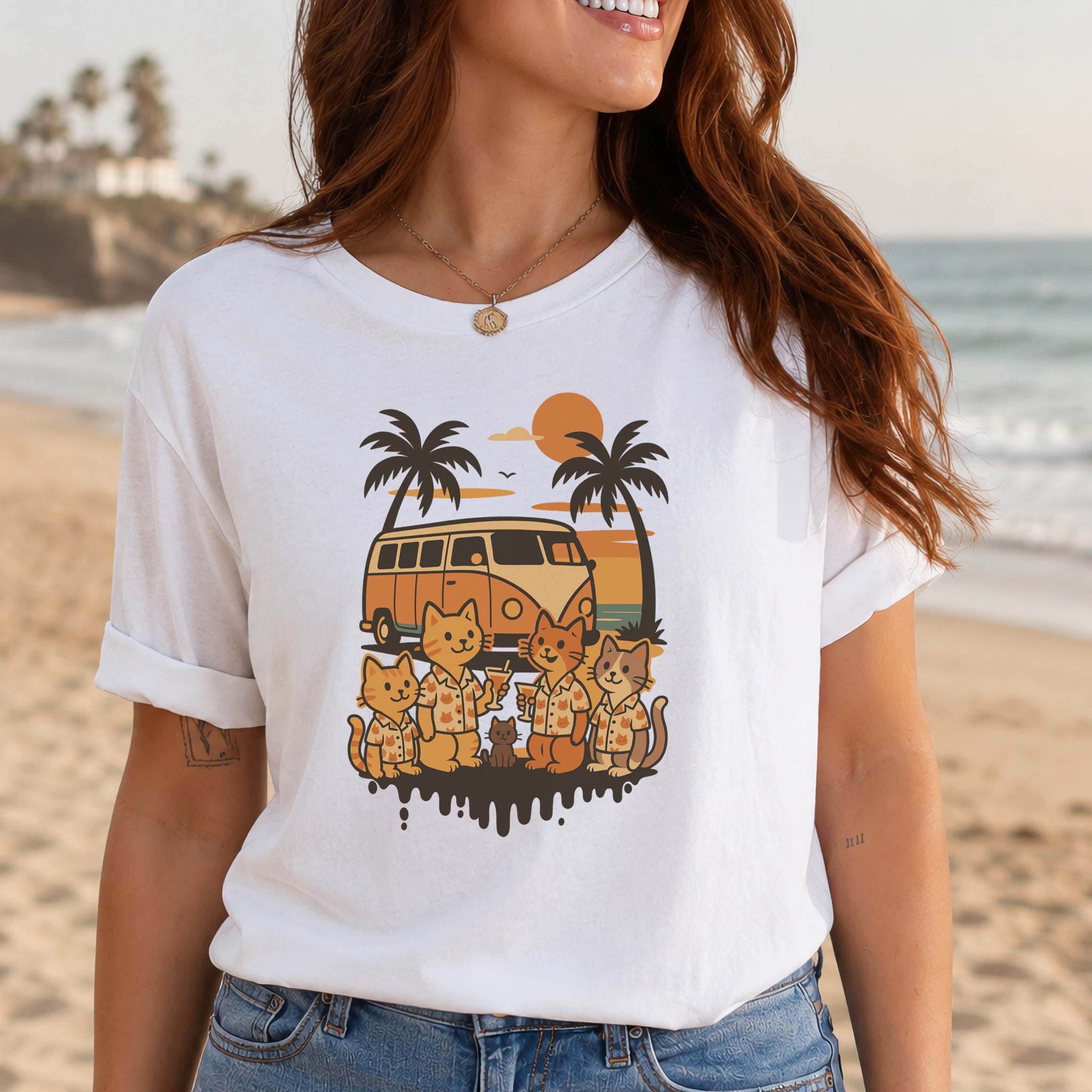 Beach Vacation Cats T-Shirt – Retro Van Life Sunset Tee for Cat Lovers