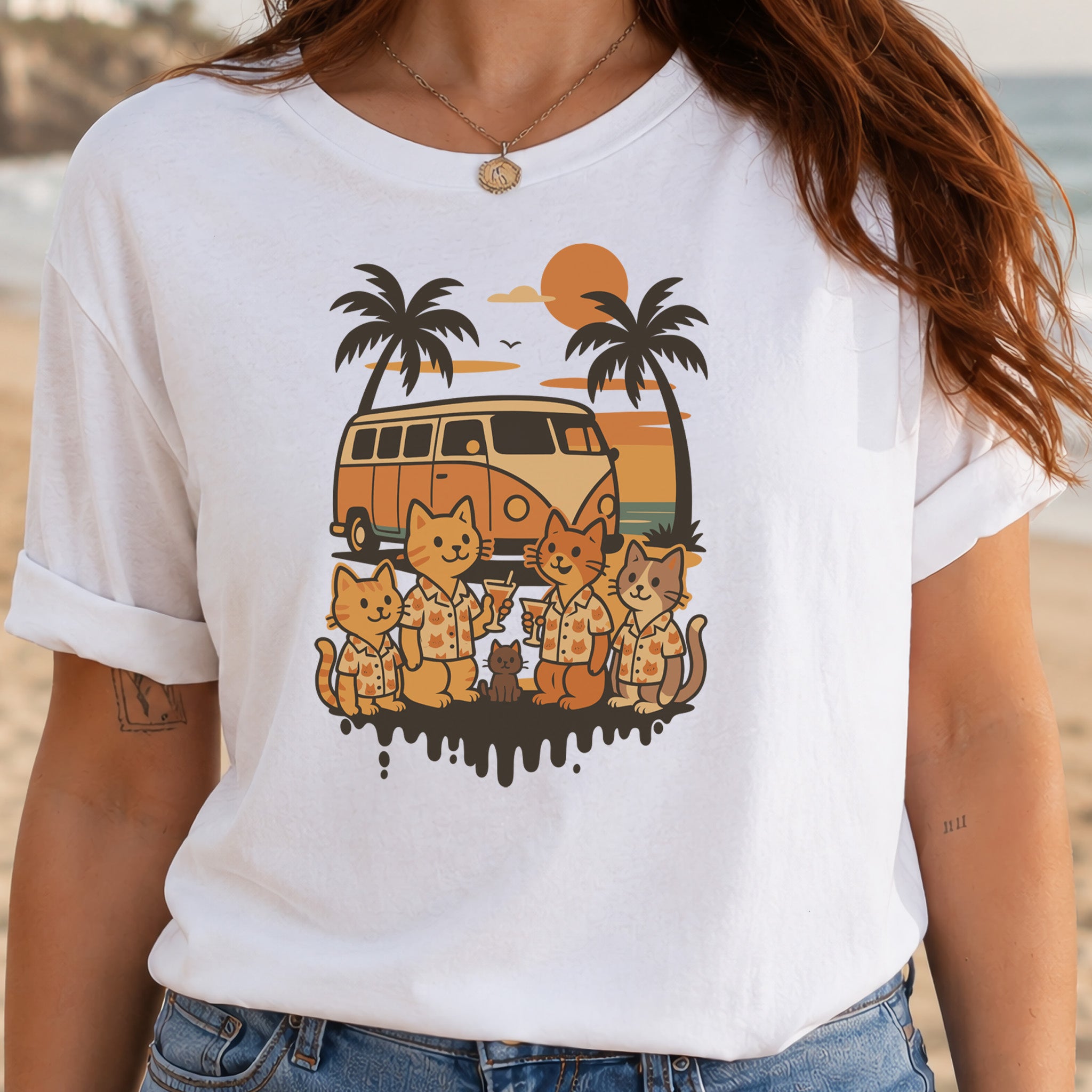 Beach Vacation Cats T-Shirt – Retro Van Life Sunset Tee for Cat Lovers