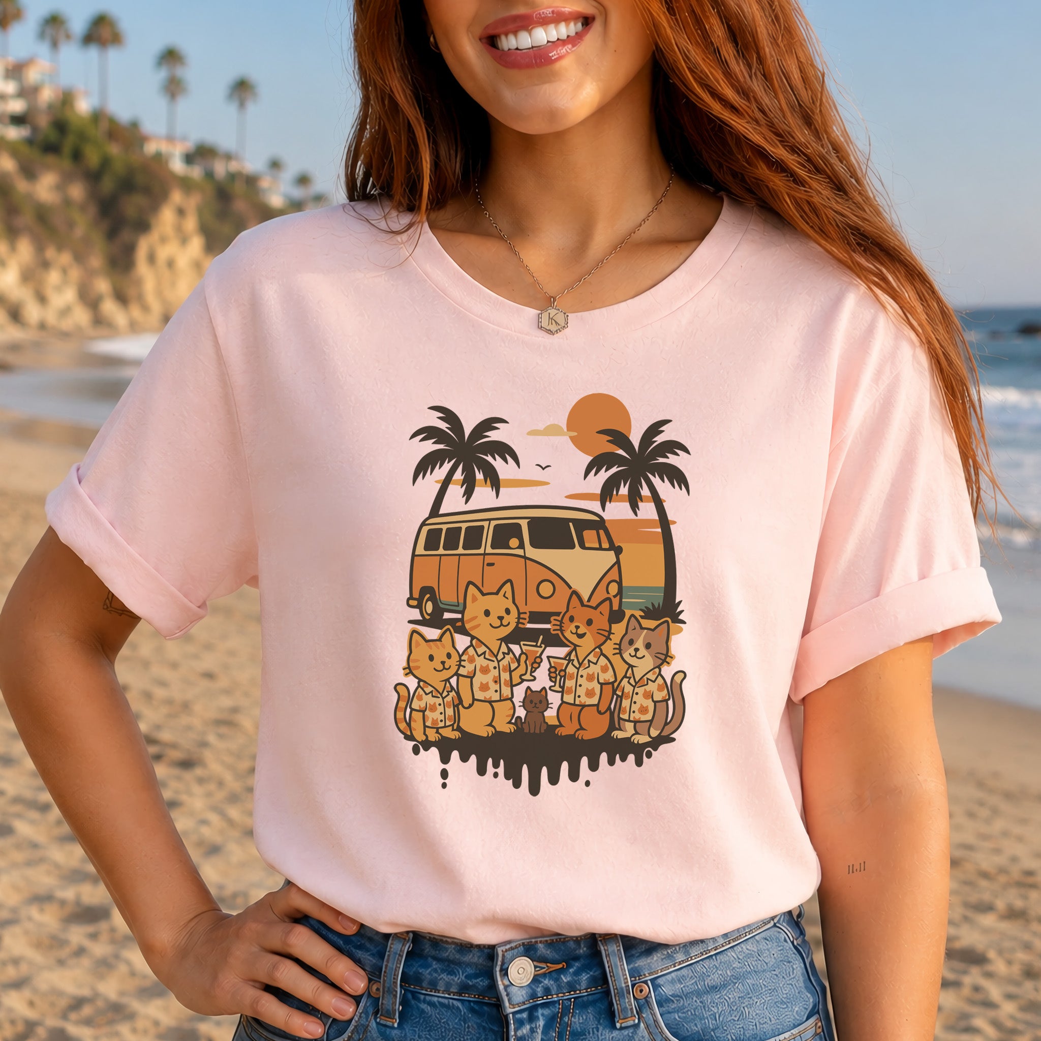 Beach Vacation Cats T-Shirt – Retro Van Life Sunset Tee for Cat Lovers