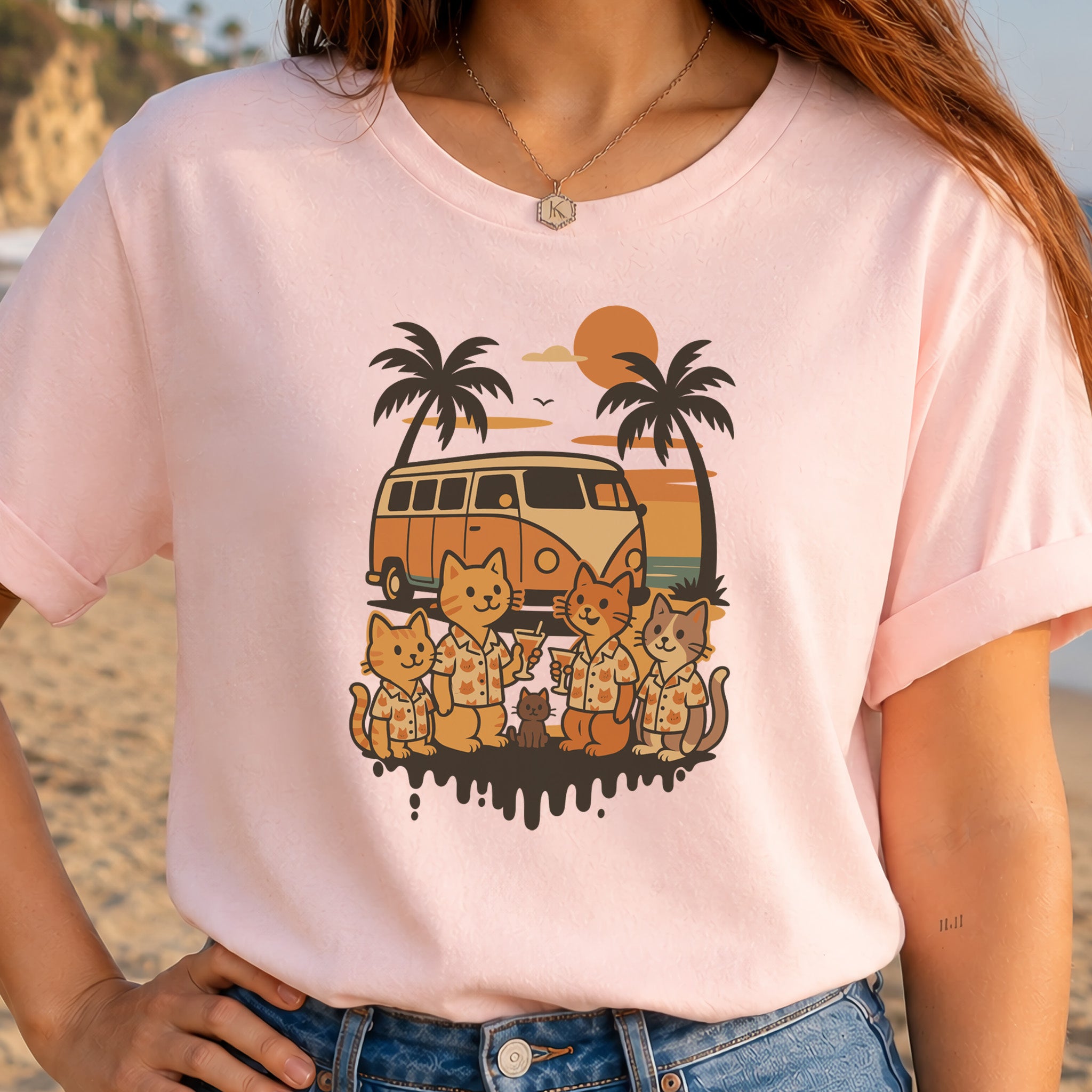 Beach Vacation Cats T-Shirt – Retro Van Life Sunset Tee for Cat Lovers