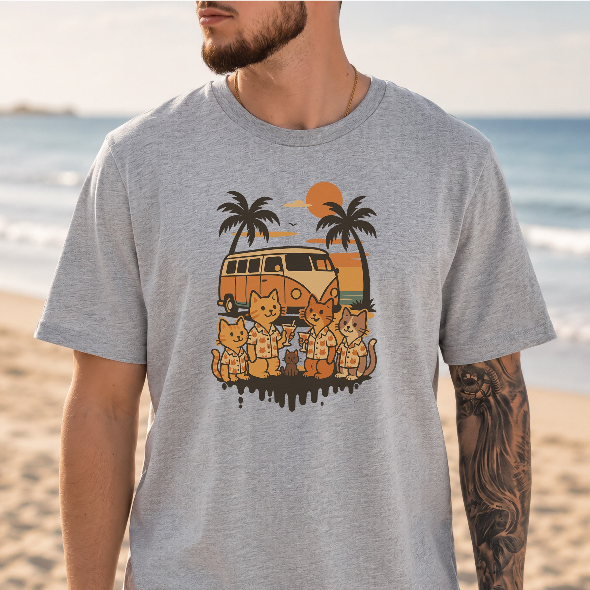 Beach Vacation Cats T-Shirt – Retro Van Life Sunset Tee for Cat Lovers